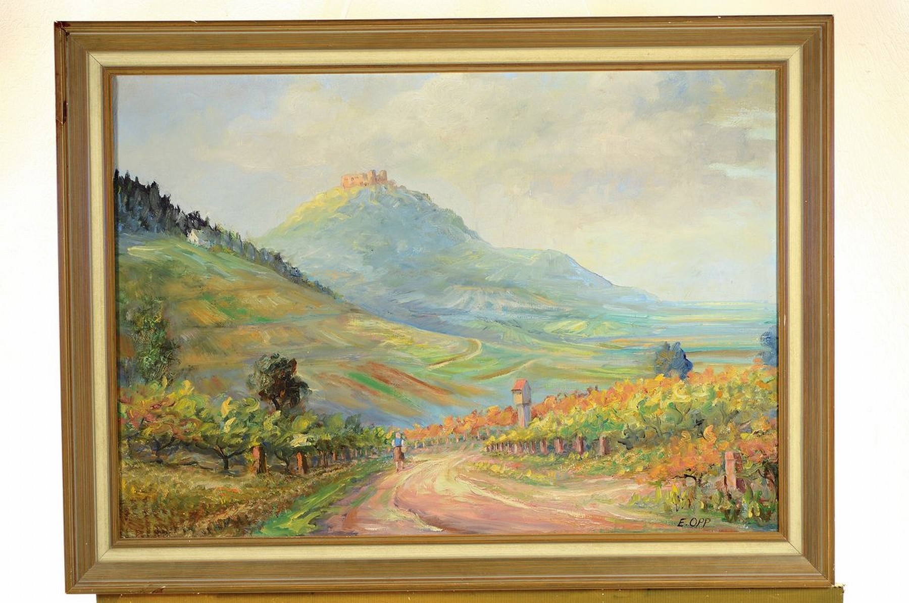 Detail k: Eduard Opp, Maler aus Landau/Pfalz, Südpfälzer Landschaft mit Burg im Hintergrund, Öl/Lwd, rechts unten signiert, ca. 50x70cm, R. ca. 59x79cm