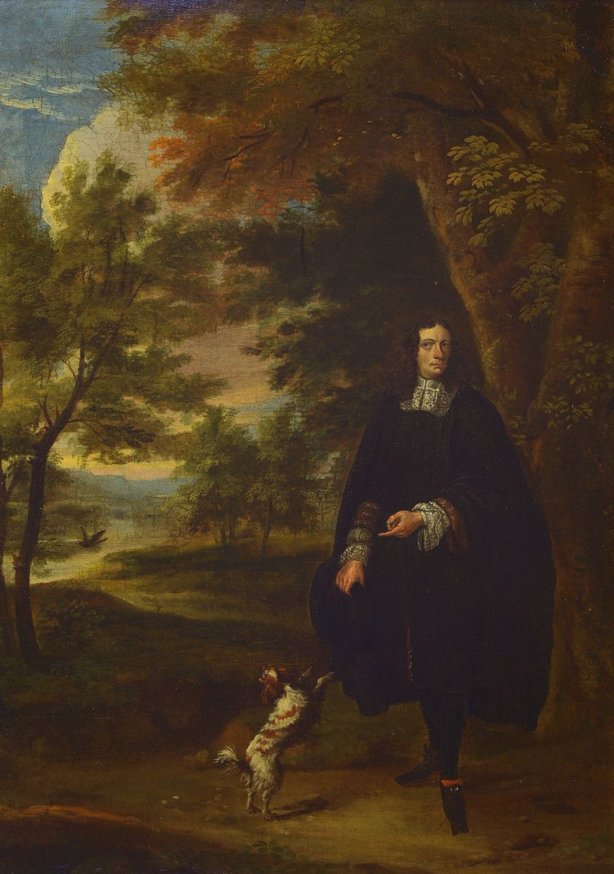 Niederländischer Meister, Umkreis Hendrick Danckerts (ca. 1625-1680), Ganzporträt eines Mannes mit Hund vor Baum bestandener Landschaft, Öl/Lwd, ...