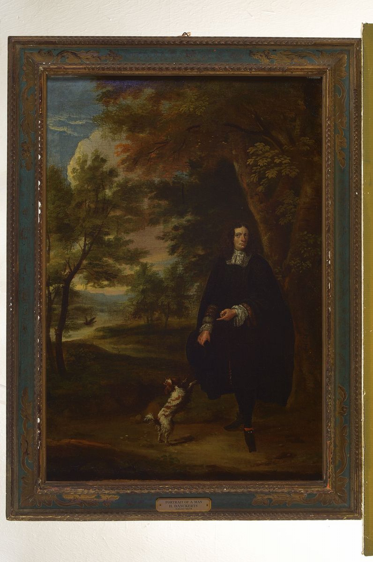 Detail k: Niederländischer Meister, Umkreis Hendrick Danckerts (ca. 1625-1680), Ganzporträt eines Mannes mit Hund vor Baum bestandener Landschaft, Öl/Lwd, ...