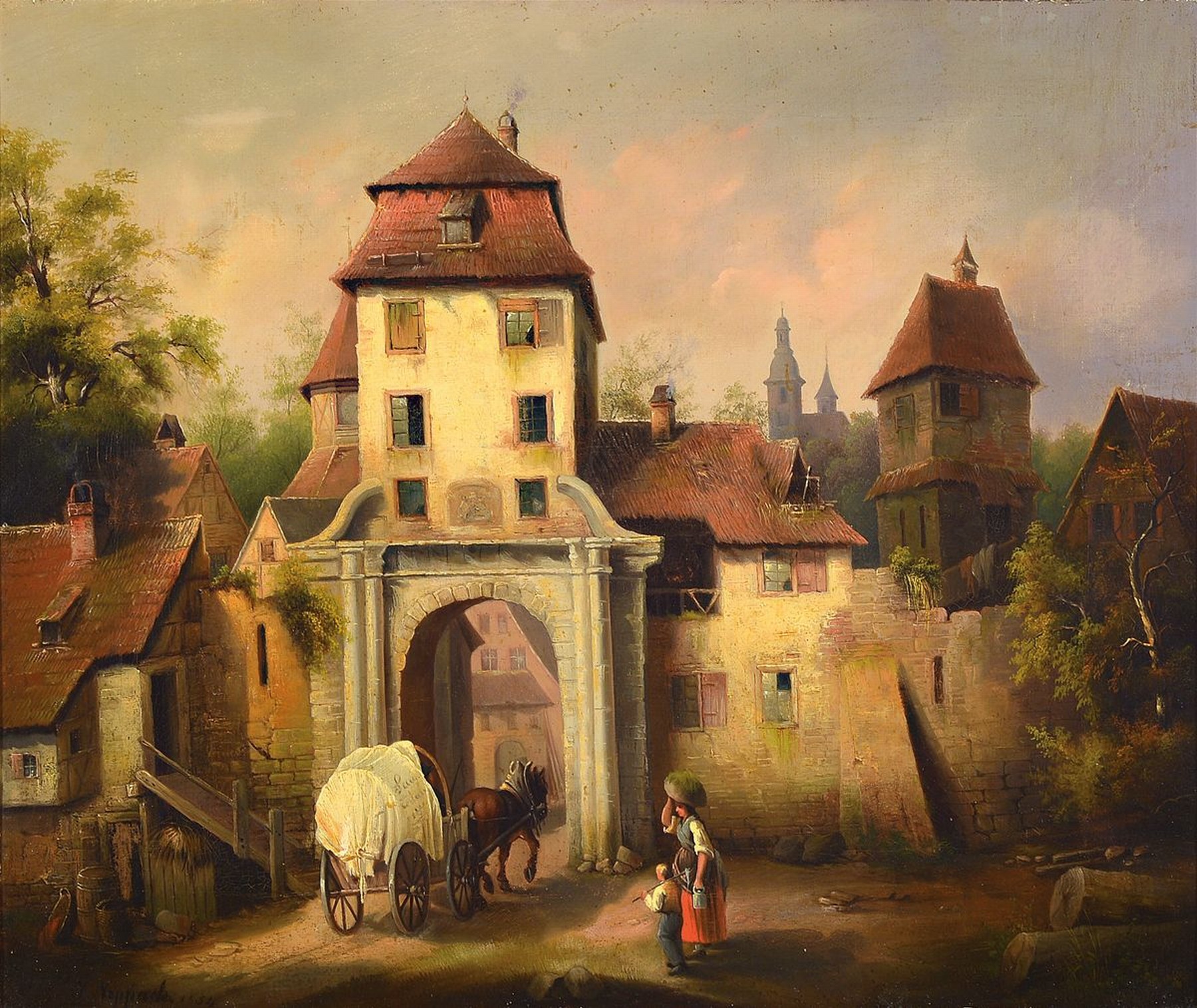 J. Neppach, datiert 1854, Pferdefuhrwerk vor dem Stadttor, seitlich eine Bäuerin mit Kind, Öl/Lwd, links unten signiert und datiert, rückseitig ...