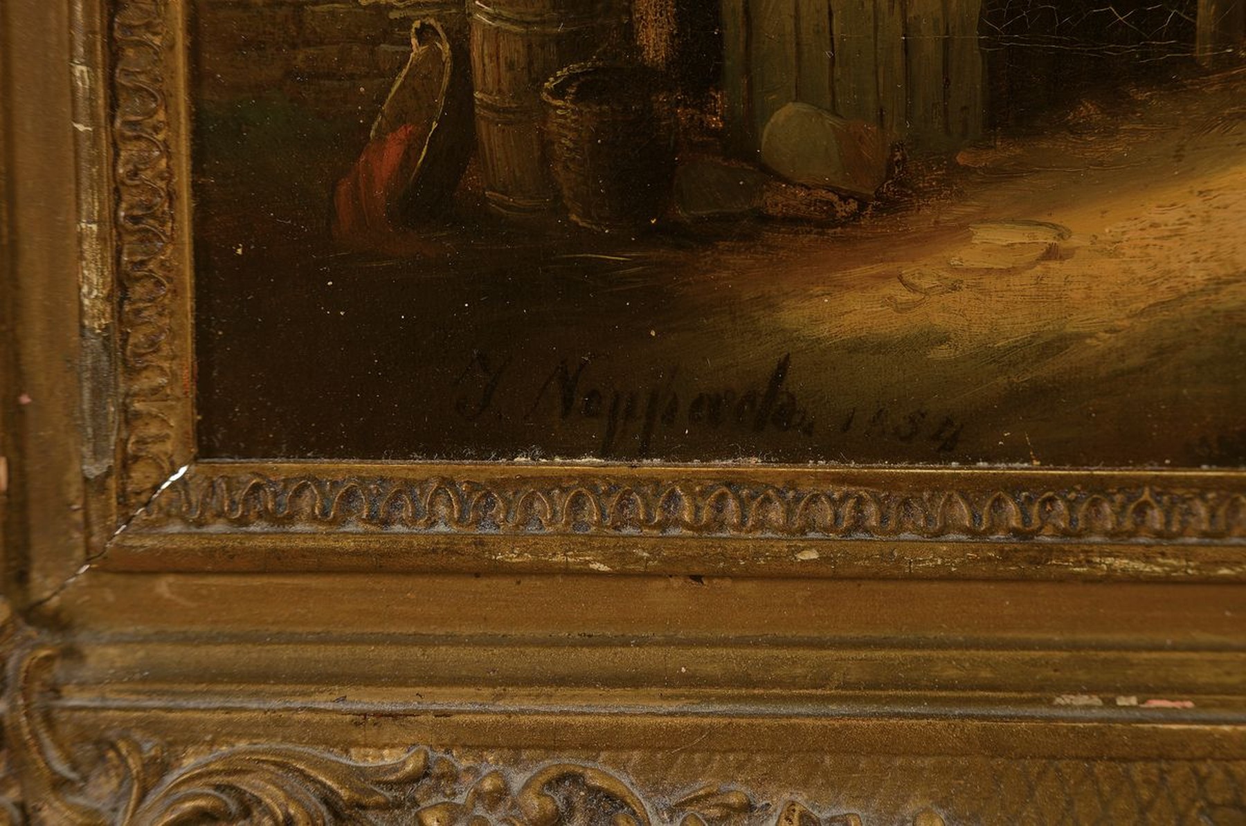 Detail a: J. Neppach, datiert 1854, Pferdefuhrwerk vor dem Stadttor, seitlich eine Bäuerin mit Kind, Öl/Lwd, links unten signiert und datiert, rückseitig ...