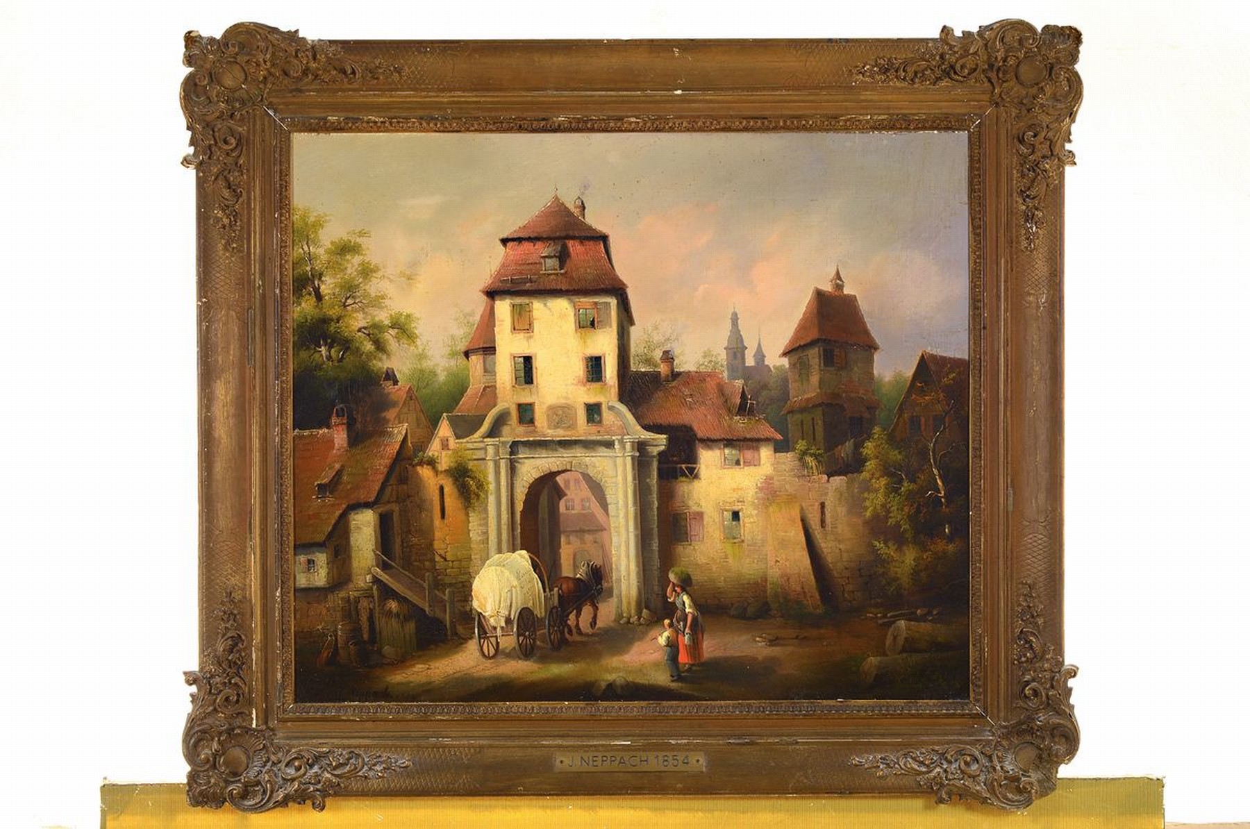 Detail k: J. Neppach, datiert 1854, Pferdefuhrwerk vor dem Stadttor, seitlich eine Bäuerin mit Kind, Öl/Lwd, links unten signiert und datiert, rückseitig ...