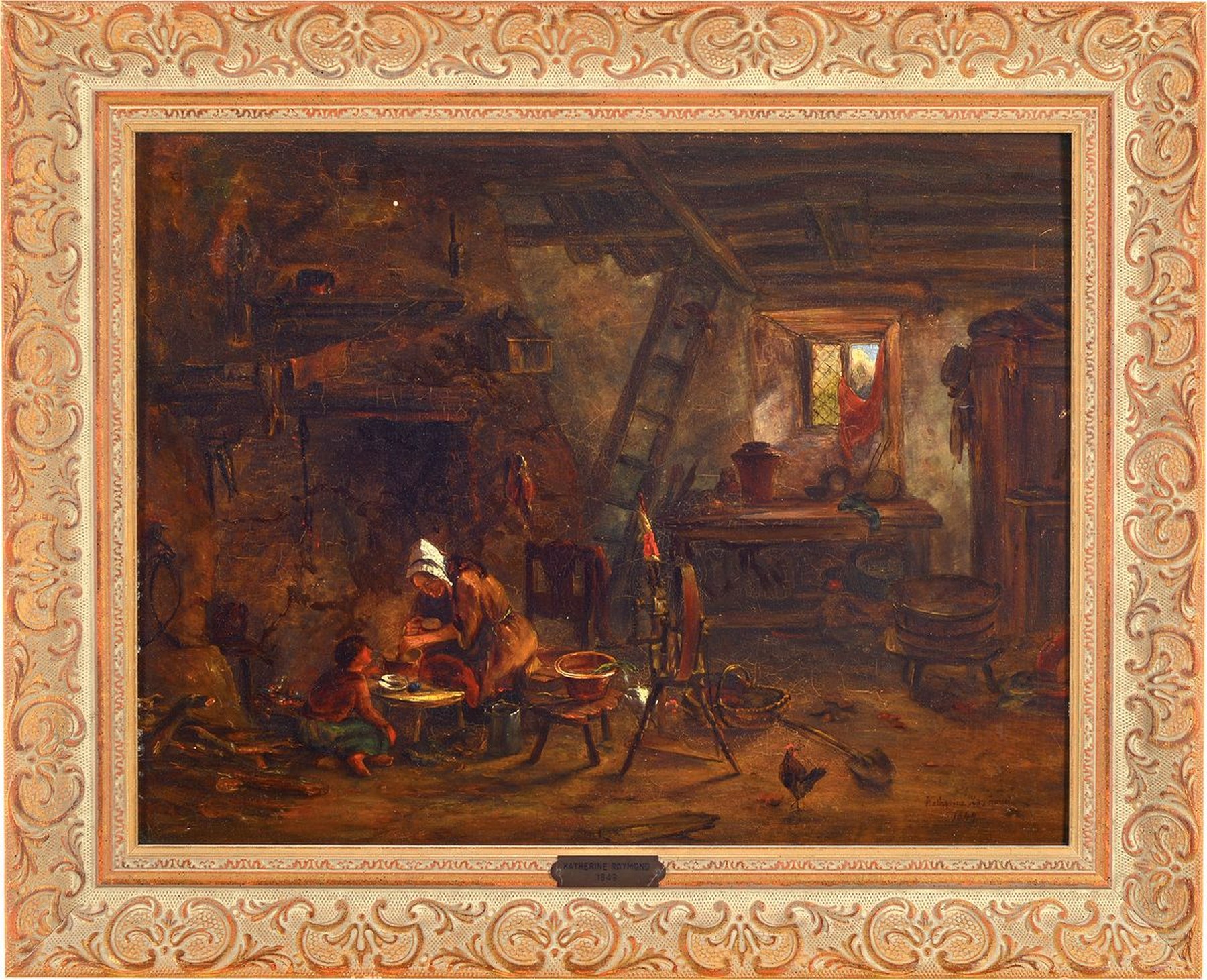 Katherine Raymond, datiert 1849, Bäuerliches Interieur mit Mutter und Kind in der Küche, Öl/Holz, restauriert, rechts unten signiert und datiert, ...