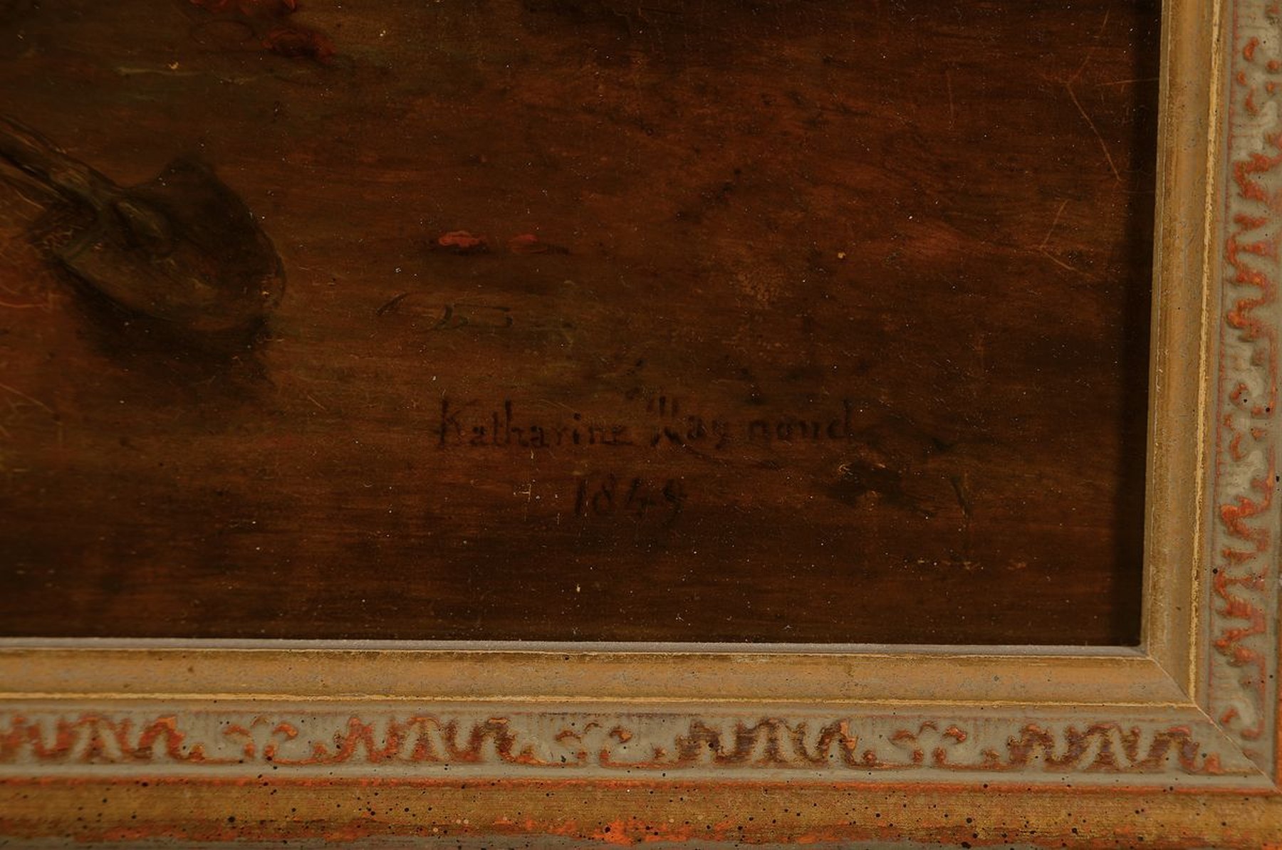Detail a: Katherine Raymond, datiert 1849, Bäuerliches Interieur mit Mutter und Kind in der Küche, Öl/Holz, restauriert, rechts unten signiert und datiert, ...