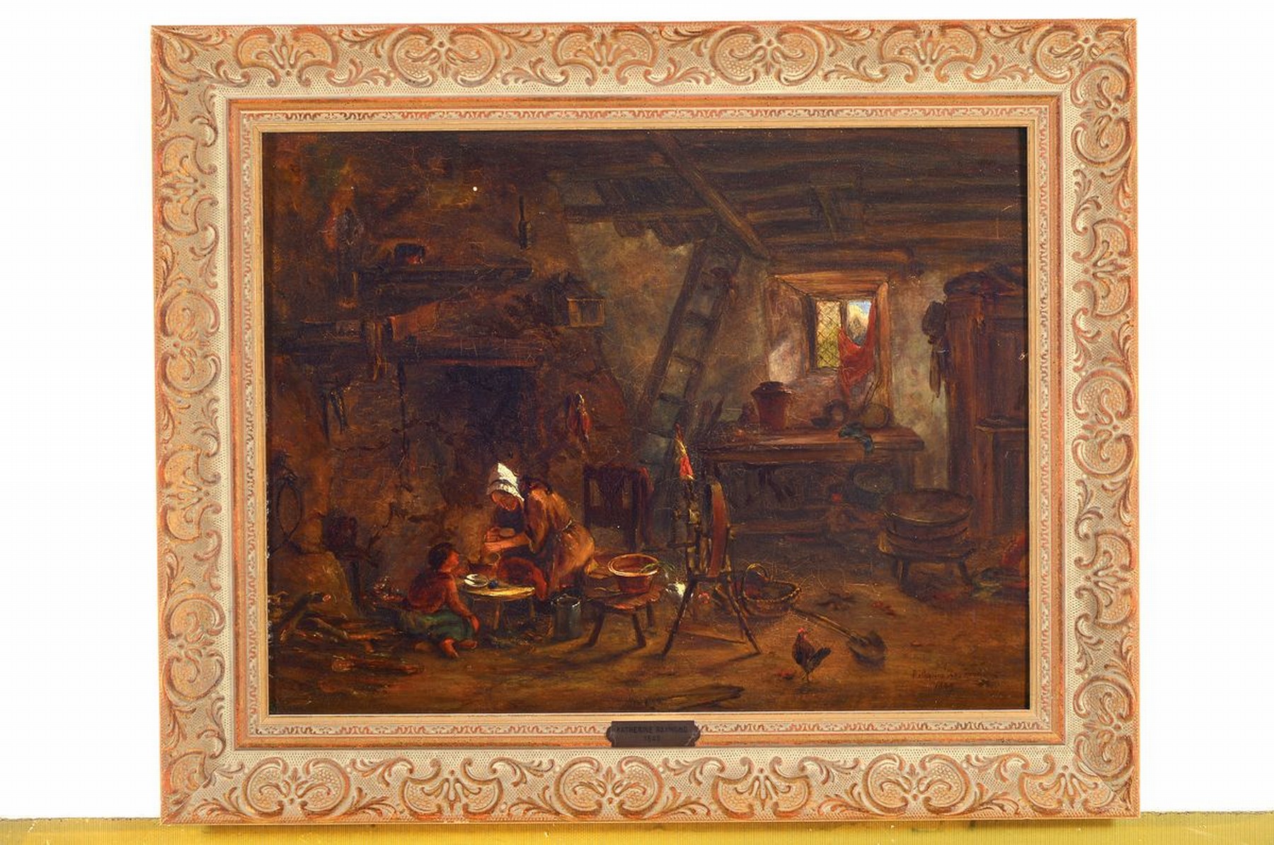 Detail k: Katherine Raymond, datiert 1849, Bäuerliches Interieur mit Mutter und Kind in der Küche, Öl/Holz, restauriert, rechts unten signiert und datiert, ...