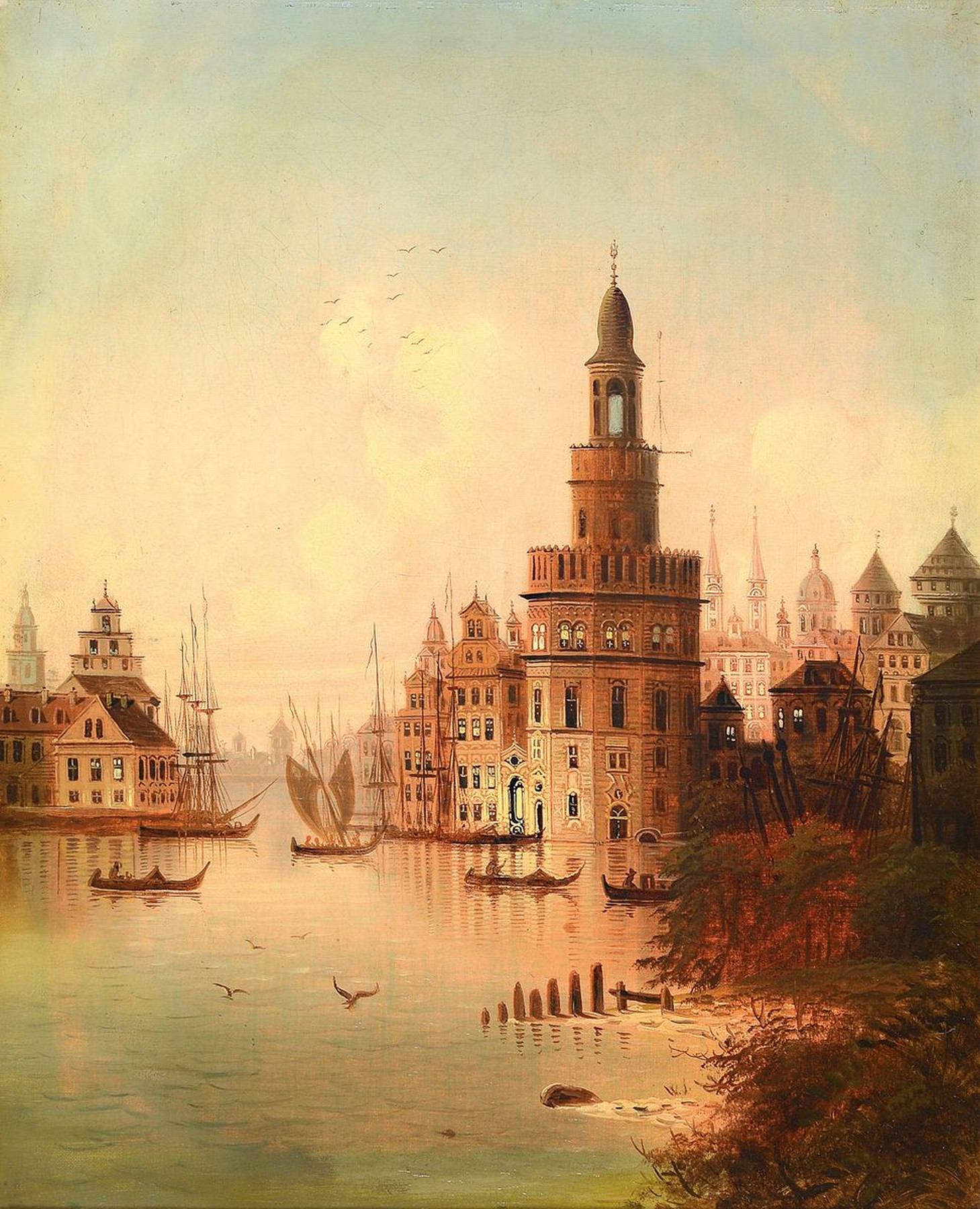 Unbekannter Künstler, Niederlande, 2. Hälfte 19. Jh., Blick auf eine Stadt und die Hafeneinfahrt, Öl/Lwd, rest., feine detailreiche Malerei mit ...