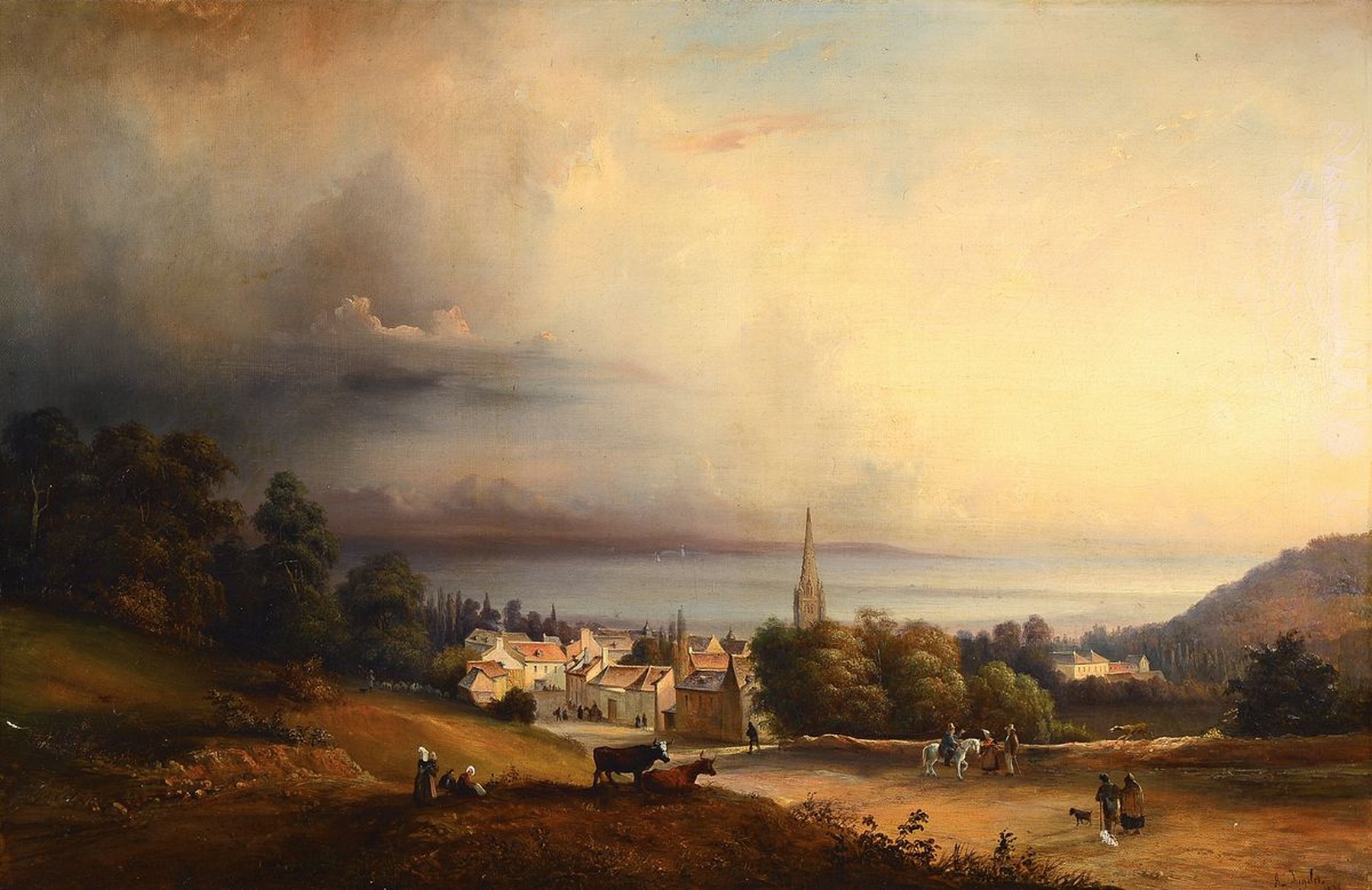 A. Jugda, datiert 1838, Weite Landschaft mit Blick auf eine Stadt, auf dem Weg davor Personen und Reiter, Öl/Lwd, rechts unten signiert und datiert ...