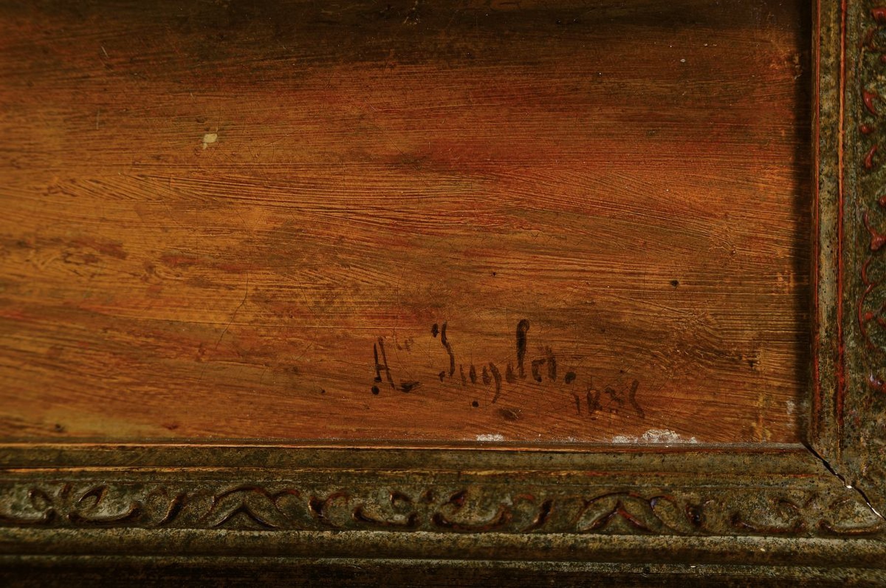 Detail a: A. Jugda, datiert 1838, Weite Landschaft mit Blick auf eine Stadt, auf dem Weg davor Personen und Reiter, Öl/Lwd, rechts unten signiert und datiert ...