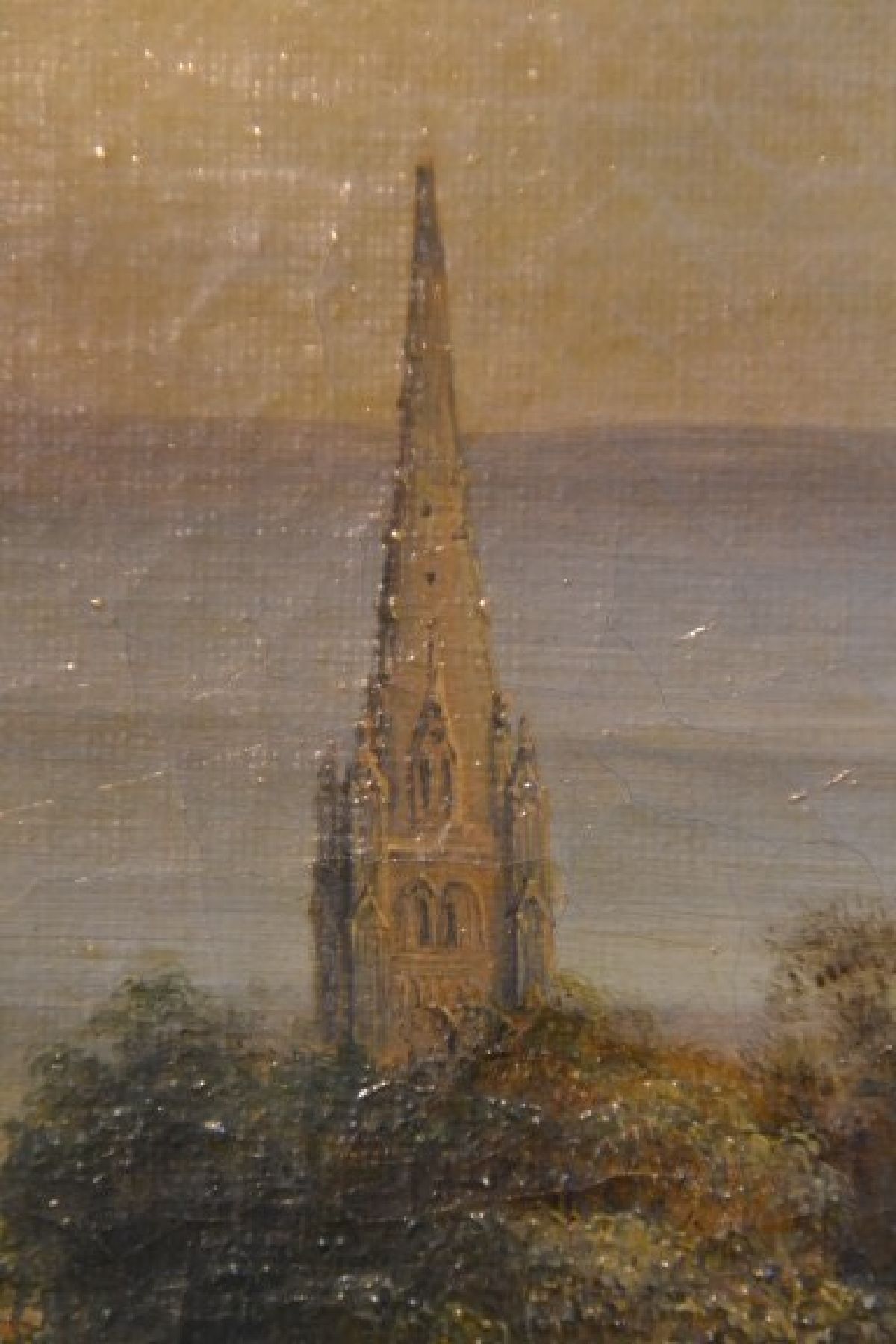 Detail b: A. Jugda, datiert 1838, Weite Landschaft mit Blick auf eine Stadt, auf dem Weg davor Personen und Reiter, Öl/Lwd, rechts unten signiert und datiert ...
