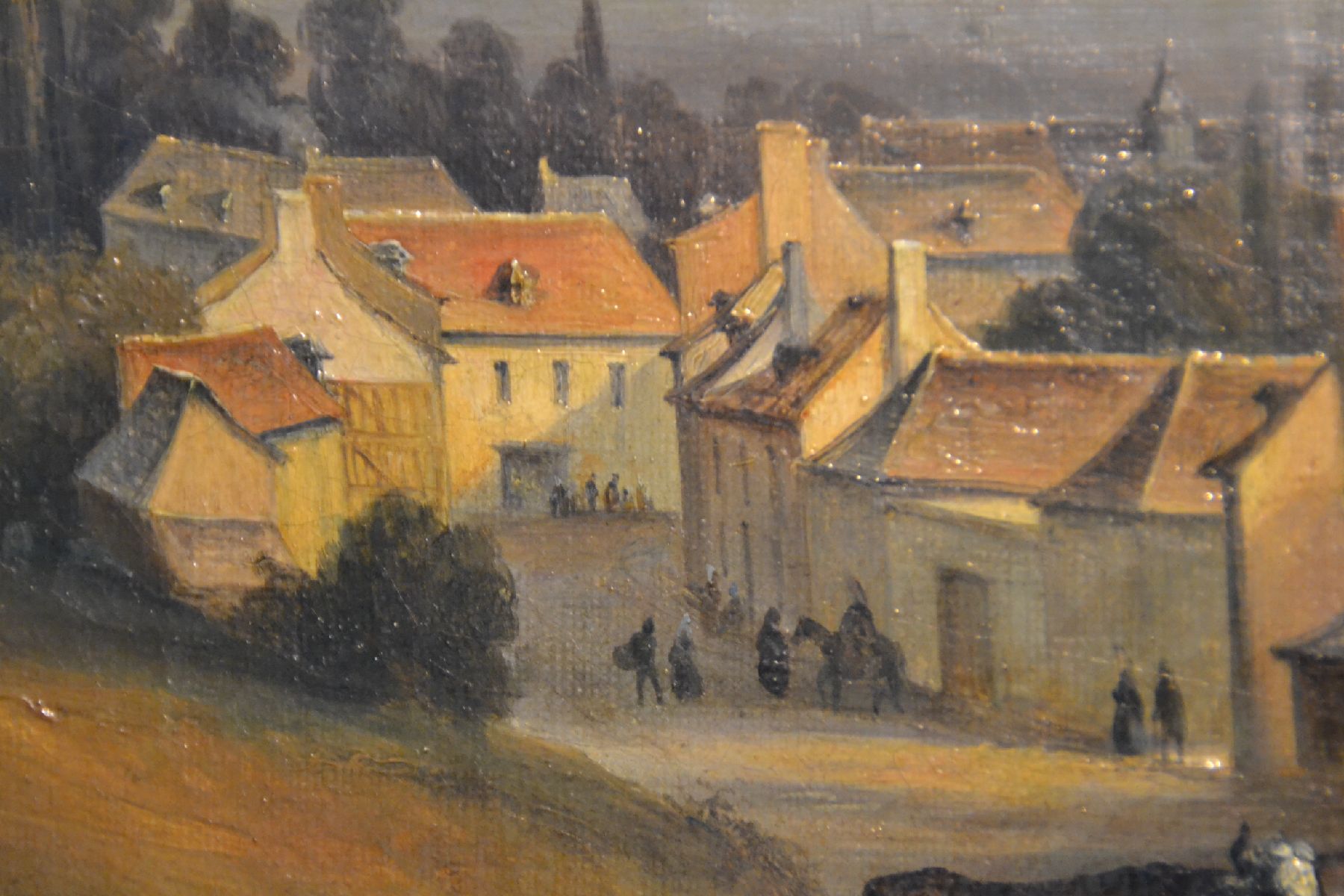 Detail c: A. Jugda, datiert 1838, Weite Landschaft mit Blick auf eine Stadt, auf dem Weg davor Personen und Reiter, Öl/Lwd, rechts unten signiert und datiert ...