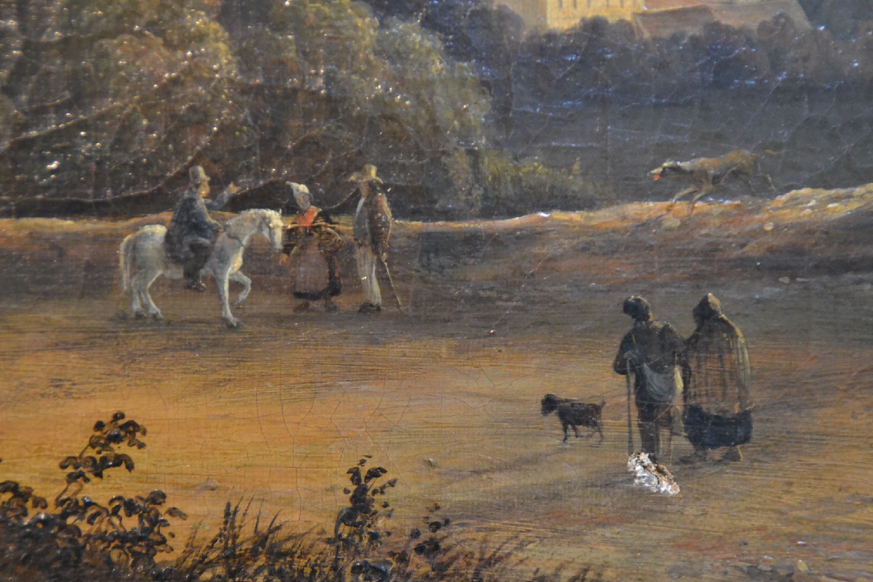 Detail d: A. Jugda, datiert 1838, Weite Landschaft mit Blick auf eine Stadt, auf dem Weg davor Personen und Reiter, Öl/Lwd, rechts unten signiert und datiert ...