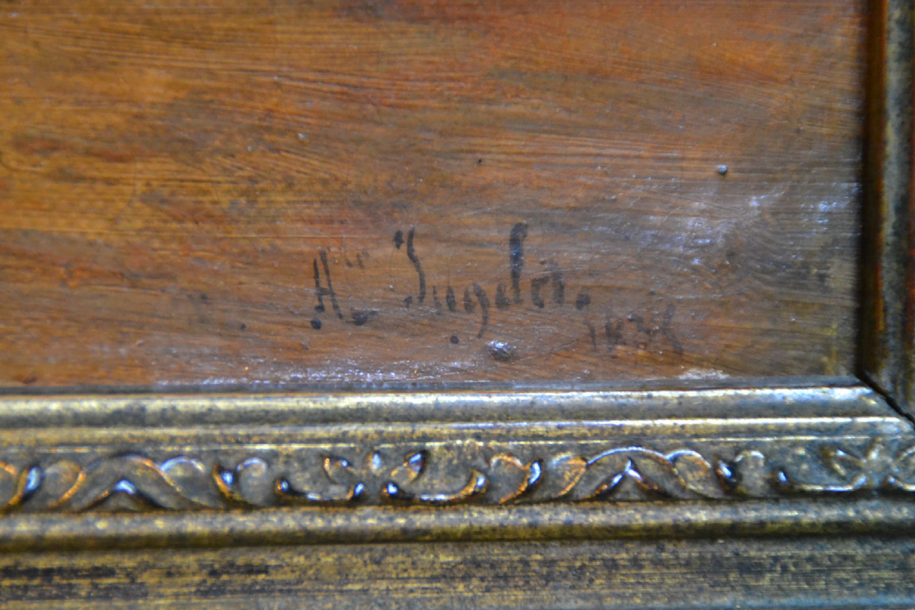 Detail e: A. Jugda, datiert 1838, Weite Landschaft mit Blick auf eine Stadt, auf dem Weg davor Personen und Reiter, Öl/Lwd, rechts unten signiert und datiert ...