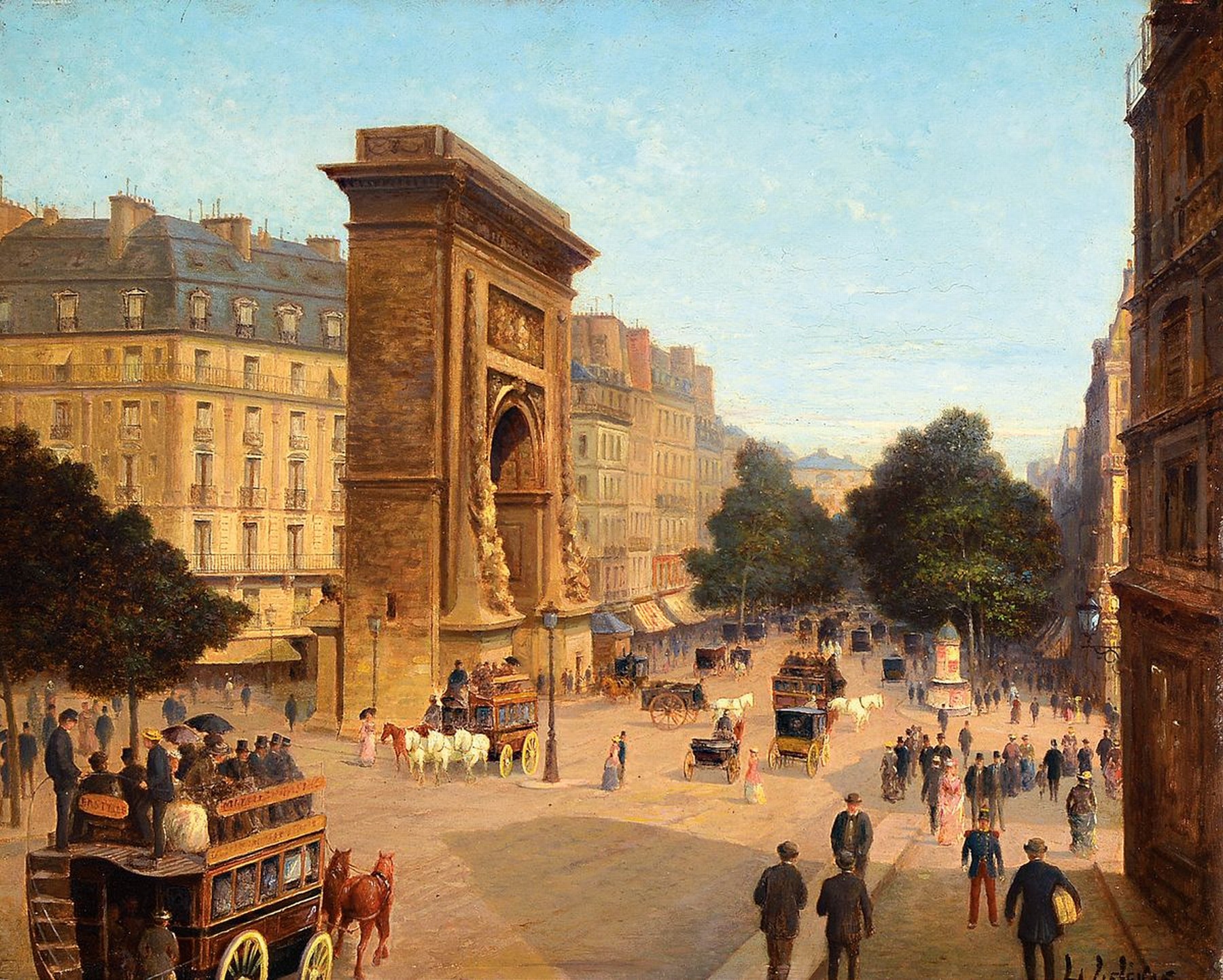 L. Lefevre, Maler um 1880, Porte St. Denis Paris, reges Treiben auf den Straßen vor dem Tor, detailreiche Malerei mit großer Varianz in den Braun- ...
