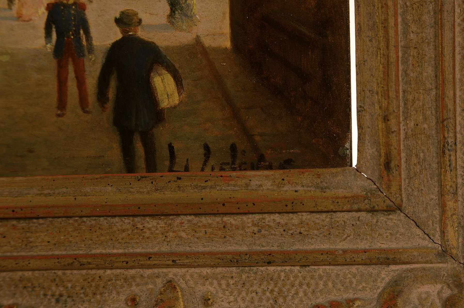 Detail a: L. Lefevre, Maler um 1880, Porte St. Denis Paris, reges Treiben auf den Straßen vor dem Tor, detailreiche Malerei mit großer Varianz in den Braun- ...
