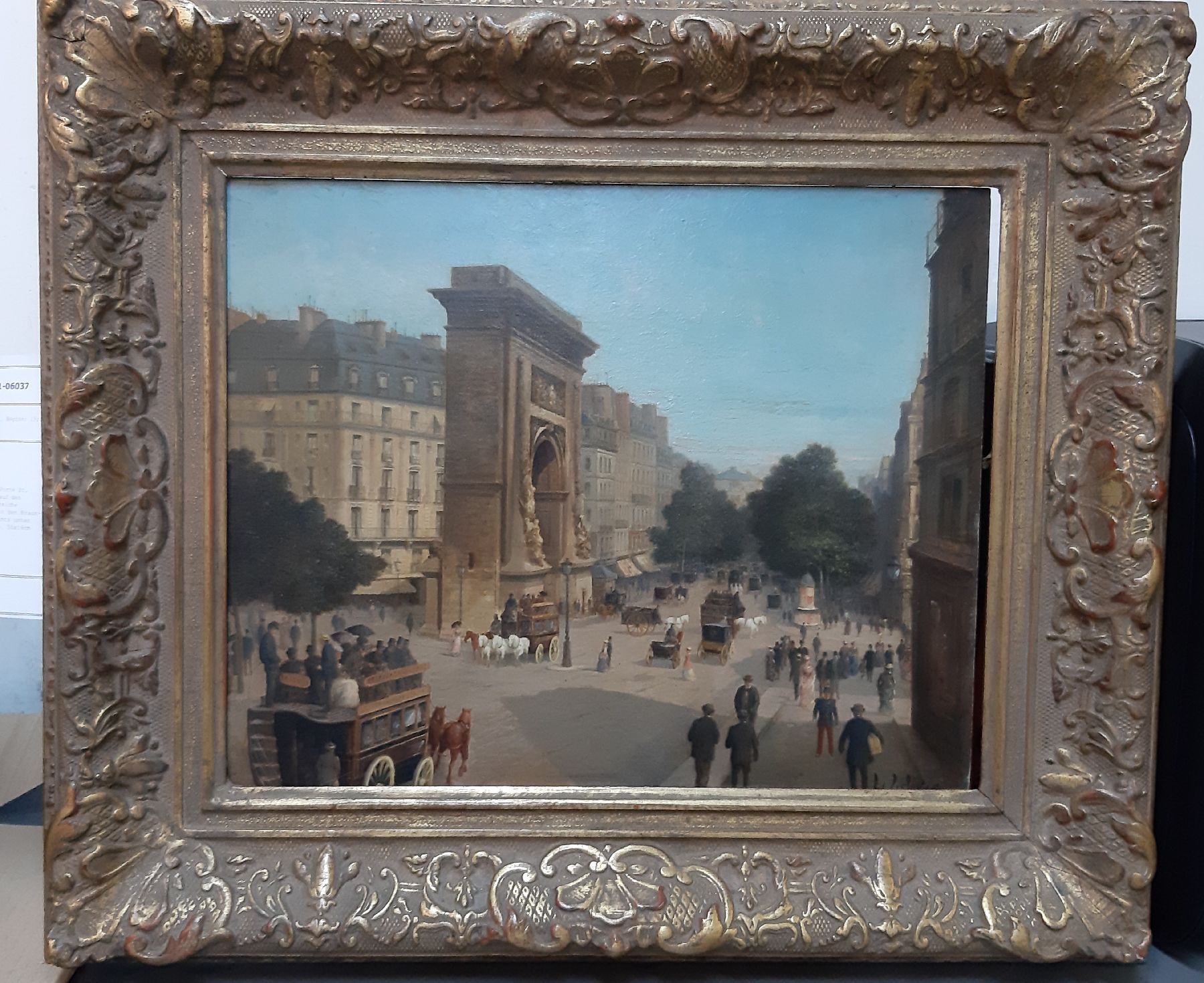 Detail b: L. Lefevre, Maler um 1880, Porte St. Denis Paris, reges Treiben auf den Straßen vor dem Tor, detailreiche Malerei mit großer Varianz in den Braun- ...