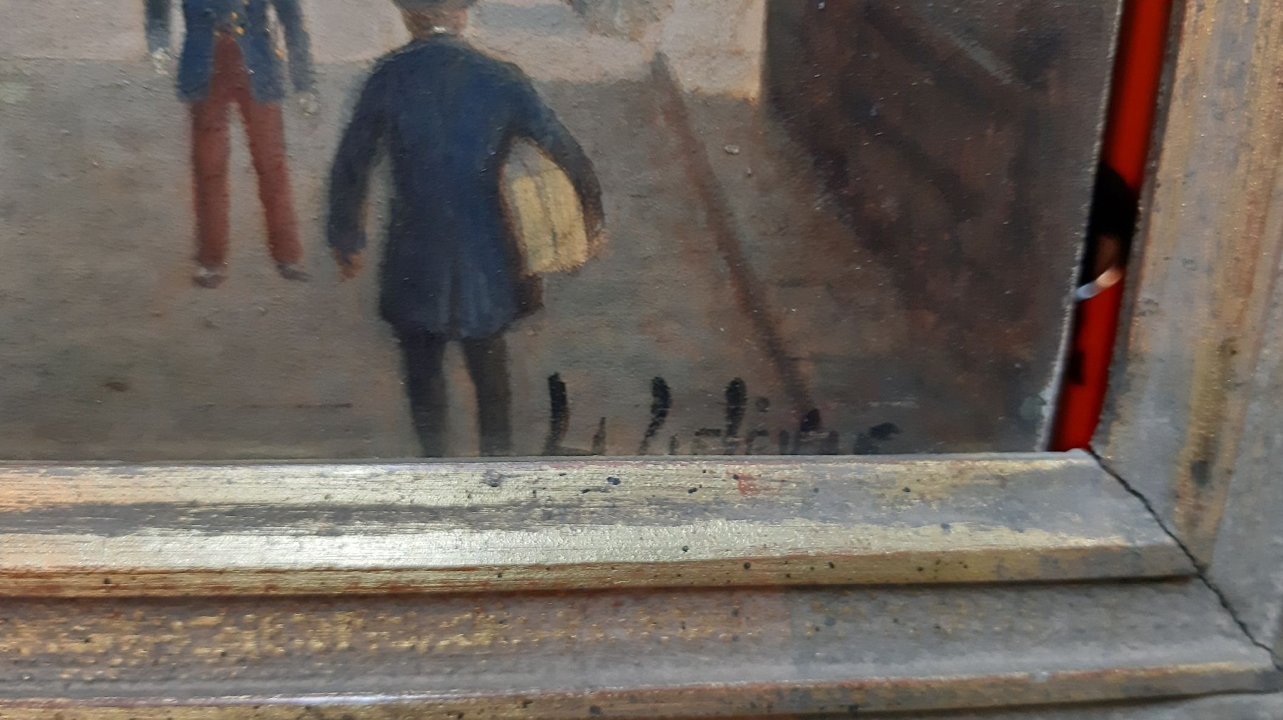 Detail c: L. Lefevre, Maler um 1880, Porte St. Denis Paris, reges Treiben auf den Straßen vor dem Tor, detailreiche Malerei mit großer Varianz in den Braun- ...