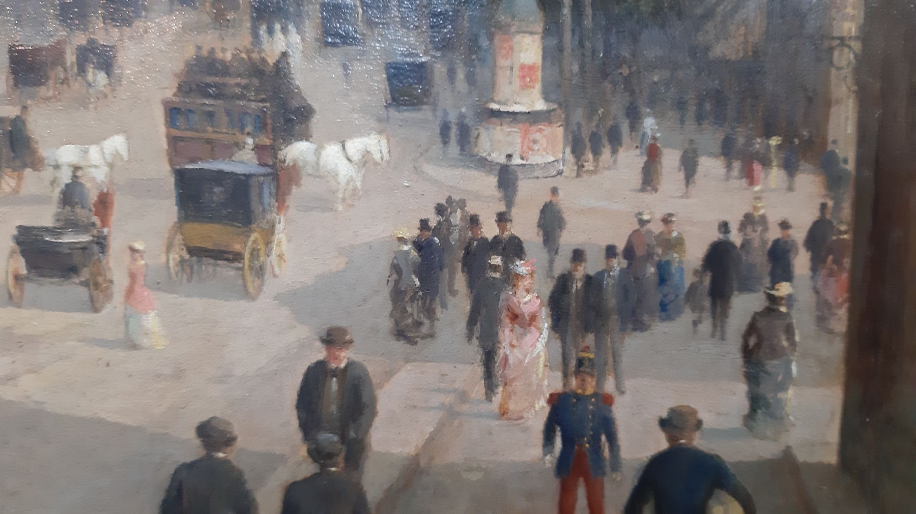 Detail d: L. Lefevre, Maler um 1880, Porte St. Denis Paris, reges Treiben auf den Straßen vor dem Tor, detailreiche Malerei mit großer Varianz in den Braun- ...