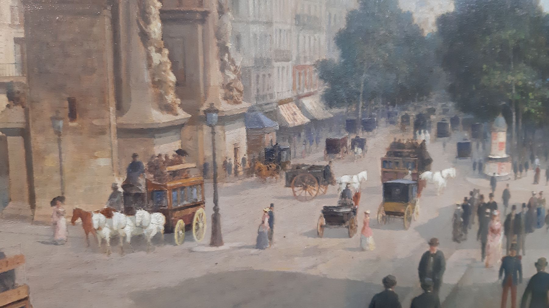 Detail f: L. Lefevre, Maler um 1880, Porte St. Denis Paris, reges Treiben auf den Straßen vor dem Tor, detailreiche Malerei mit großer Varianz in den Braun- ...