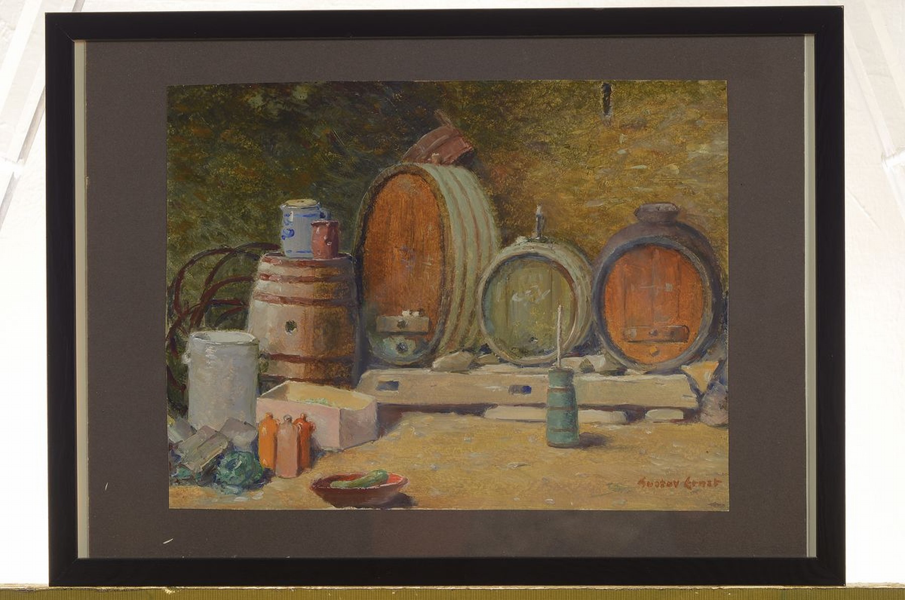 Detail k: Gustav Ernst, 1858 Elsterberg-1945 Bad Dürkheim, Weinkeller Interieur, Schilderung der vielfältigen Objekte wie Weinfässer, einer Weinpresse und ...
