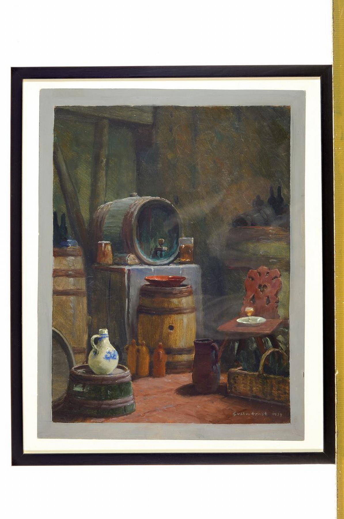 Gustav Ernst, 1858 Elsterberg-1945 Bad Dürkheim, Weinkeller-Interieur, gekonnte Beobachtung der Lichtwirkung an den verschiedenen Objekten wie dem ...