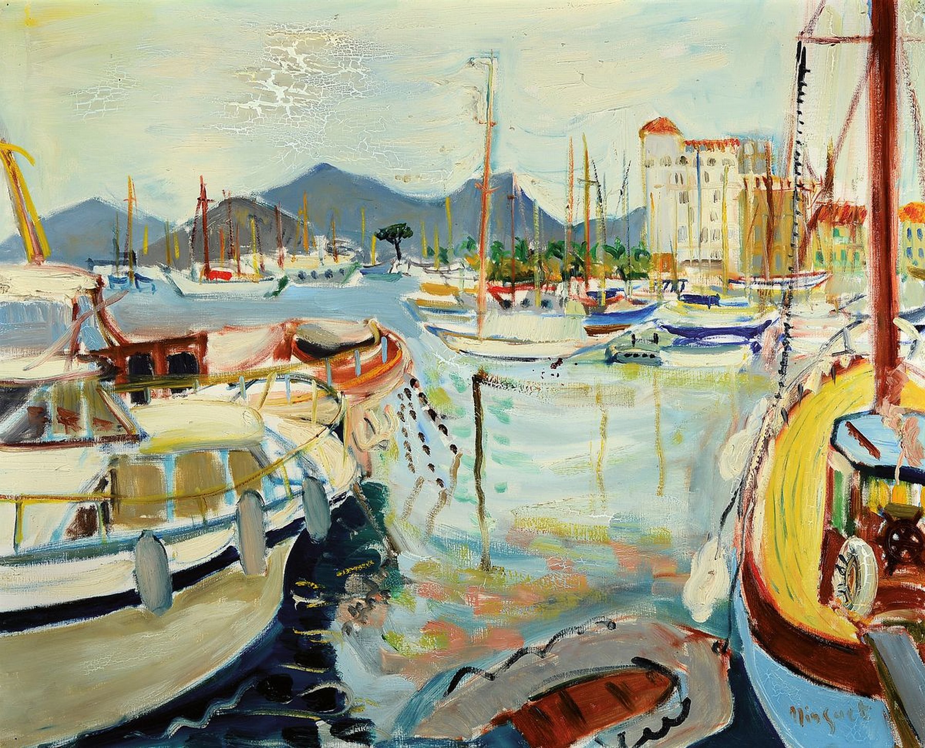 Alexandre Minguet, 1937-1996, südfranzösische Hafenlandschaft, Wiedergabe der flirrenden Farben auf der Wasseroberflächedes Hafenbeckens, lockerer ...