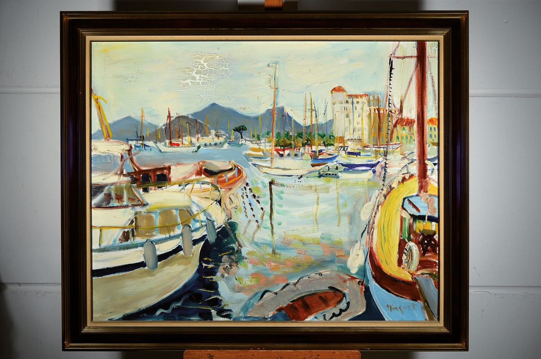 Detail k: Alexandre Minguet, 1937-1996, südfranzösische Hafenlandschaft, Wiedergabe der flirrenden Farben auf der Wasseroberflächedes Hafenbeckens, lockerer ...