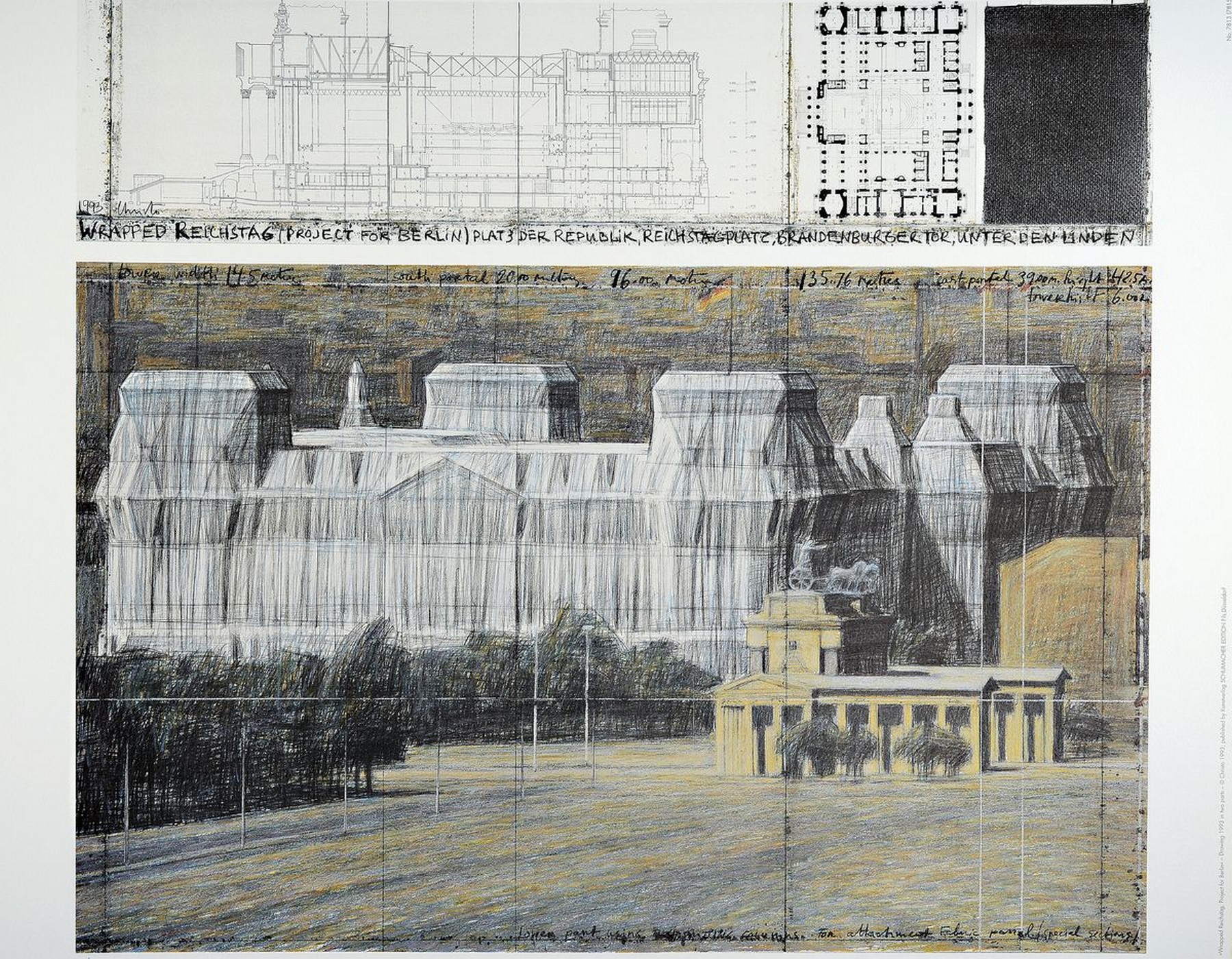 Christo, 1935 Gabrovo-2020 New York City, "Wrapped Reichstag (Project for Berlin)" (1993), Schumacher Edition Fils, Farboffset nach ...
