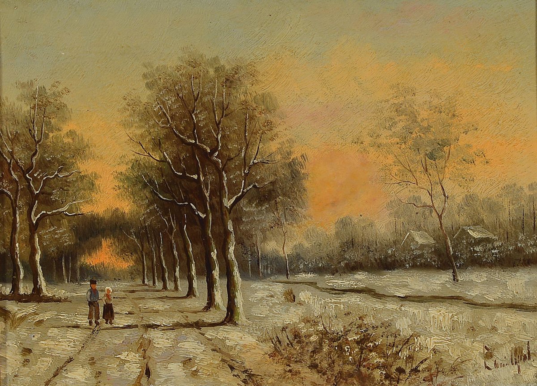 Louis Apol, 1850 - 1936 Den Haag, Abend über verschneiter Winterlandschaft, zwei Personen auf dem Weg am Waldrand, Öl/Holz, rechts unten signiert, ...