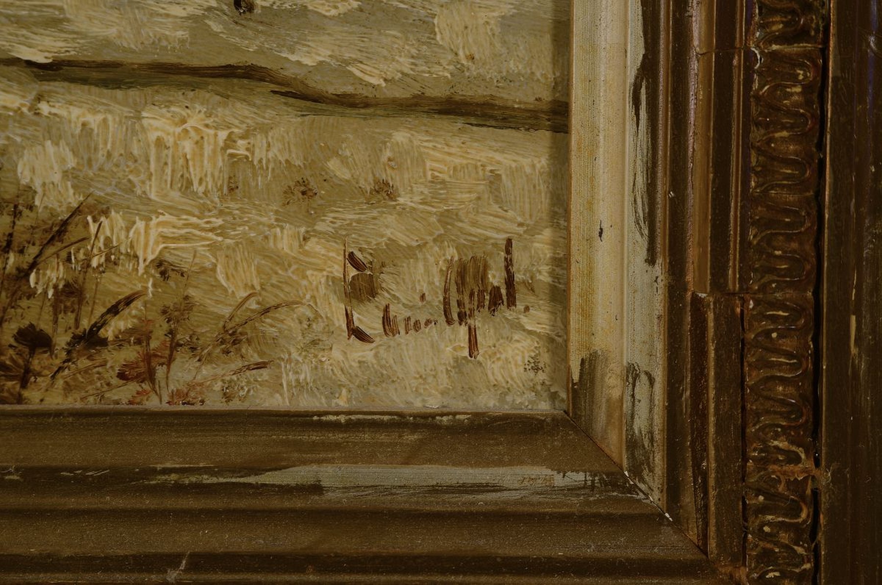 Detail a: Louis Apol, 1850 - 1936 Den Haag, Abend über verschneiter Winterlandschaft, zwei Personen auf dem Weg am Waldrand, Öl/Holz, rechts unten signiert, ...