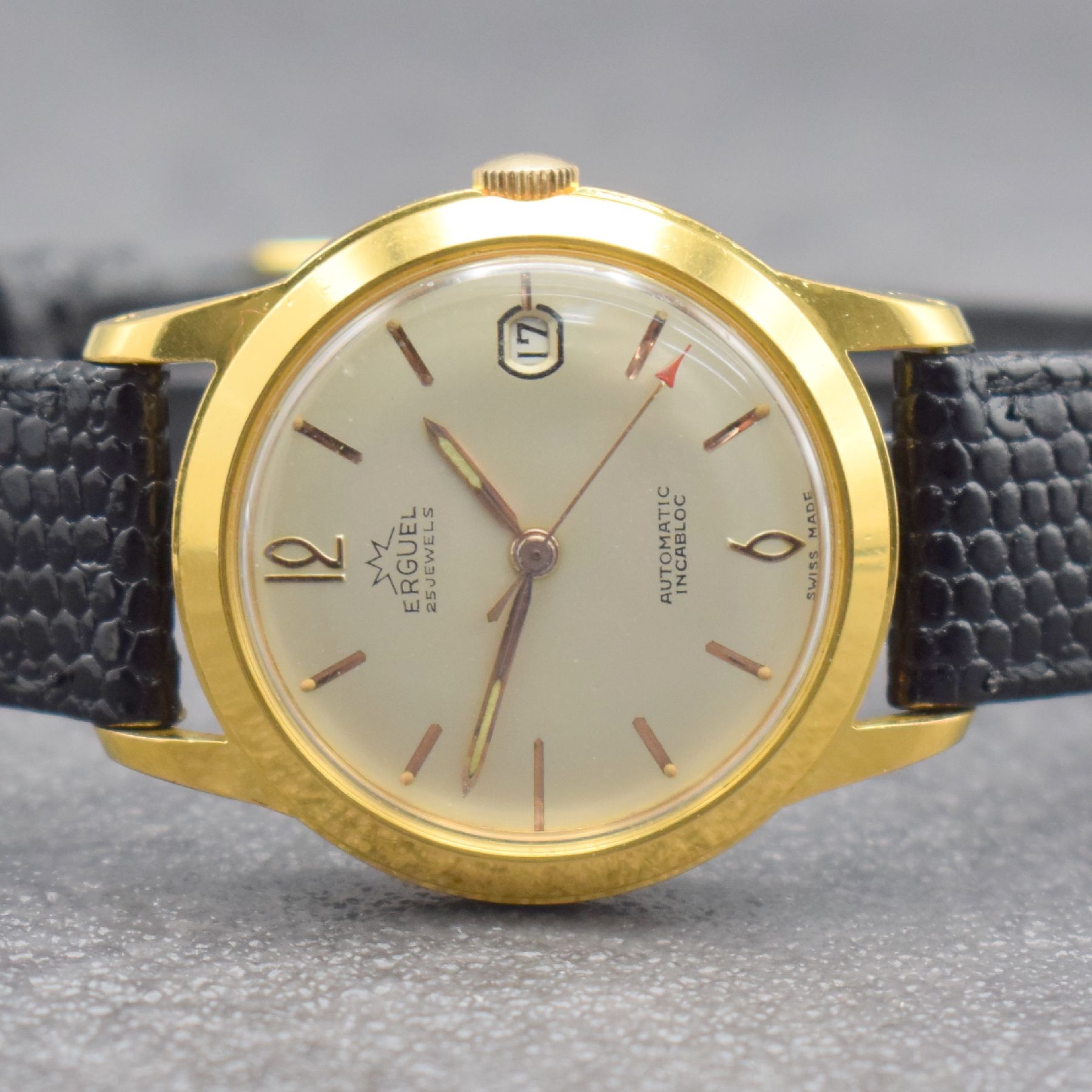 Detail a: ERGUEL / FELSA PROTOTYP mit 36000Ah, Schweiz um 1965, Handaufzug, verg. Gehäuse, Stahlboden geschr., vers. Zifferblatt, Datum b. 3, gold. Std.-Ind. ...