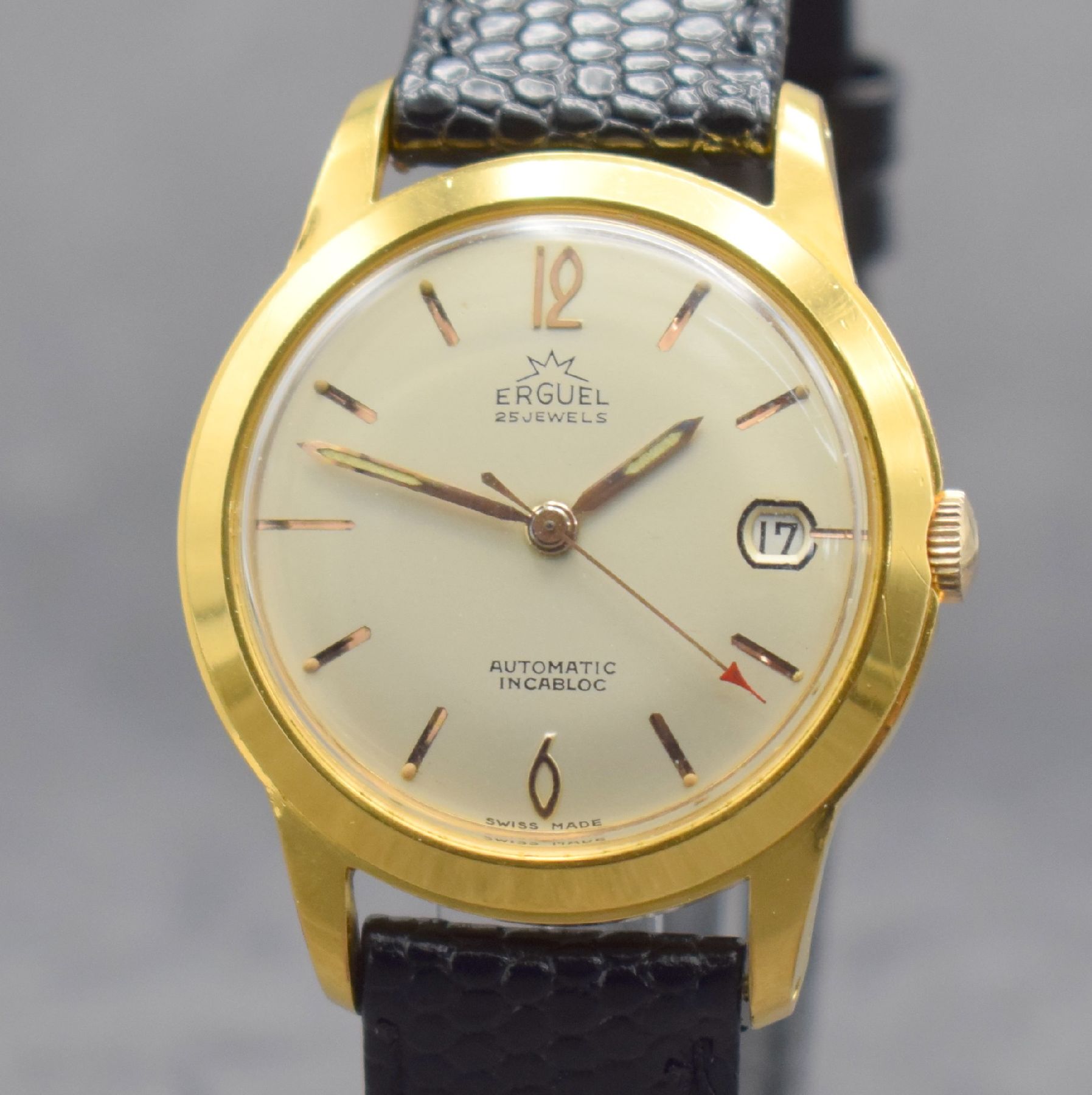 Detail c: ERGUEL / FELSA PROTOTYP mit 36000Ah, Schweiz um 1965, Handaufzug, verg. Gehäuse, Stahlboden geschr., vers. Zifferblatt, Datum b. 3, gold. Std.-Ind. ...