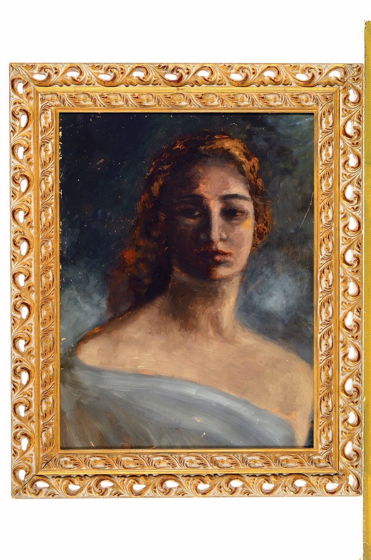 Detail k: Unbekannter Künstler, Münchener Schule, um 1900, Porträt einer jungen Frau, Ölskizze auf Malkarton, unsigniert, ca. 49x38cm, R. ca. 62x51cm