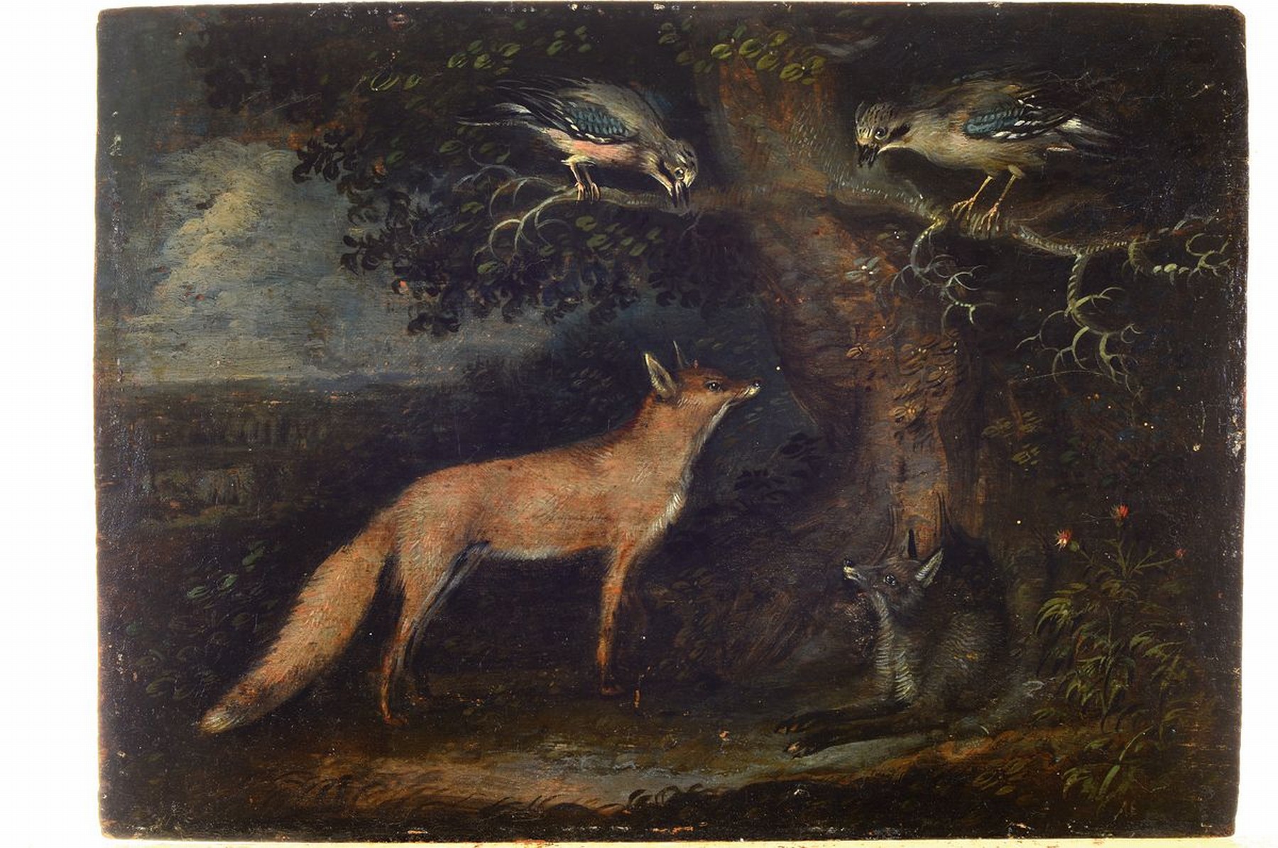 Unbekannter Künstler des 19. Jh., zwei Füchse unter einem Baum, darauf zwei Vögel, Öl/Holz, unsigniert, verso bez., rest.,ca. 16.5x22.5cm