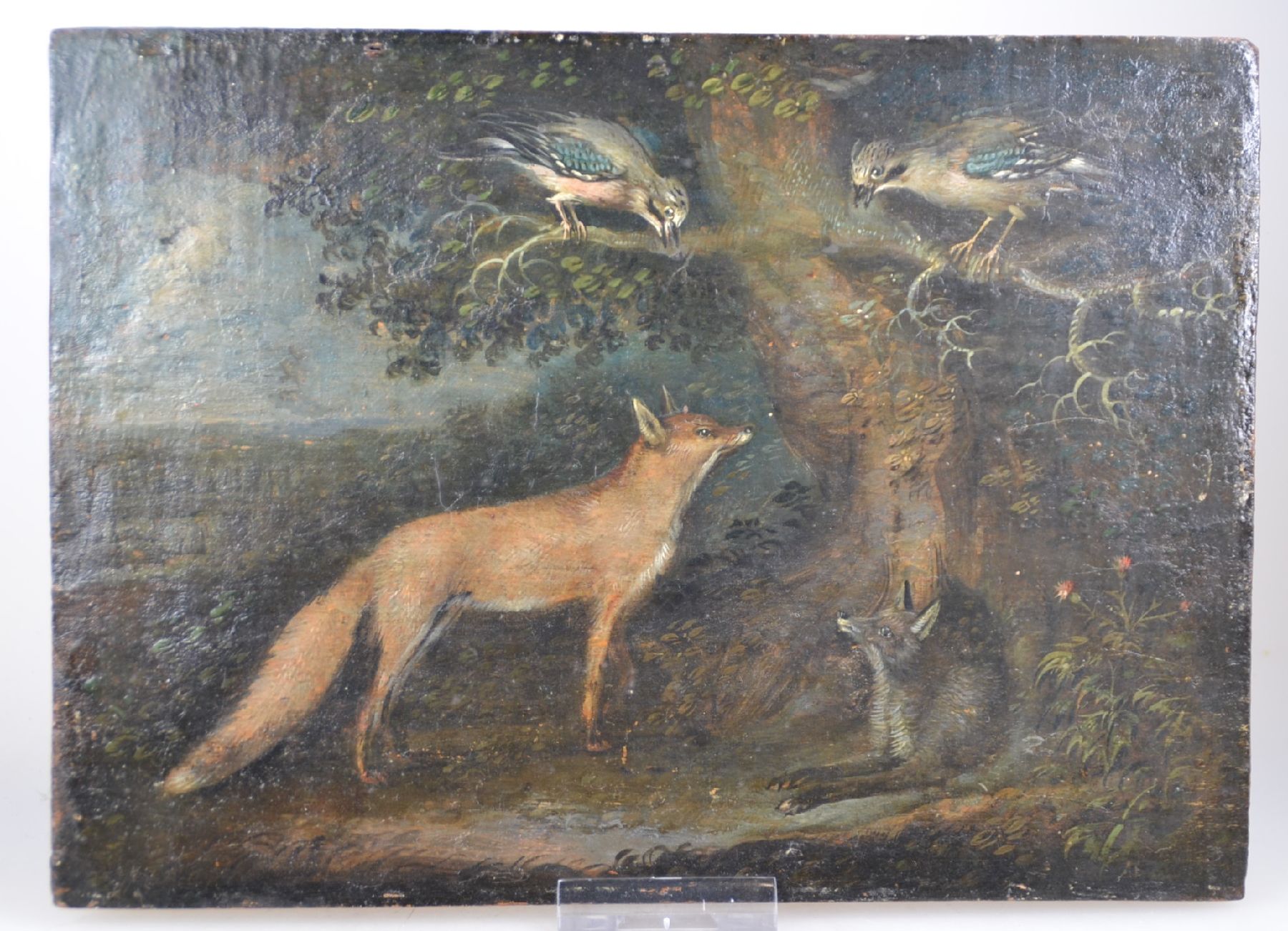 Detail b: Unbekannter Künstler des 19. Jh., zwei Füchse unter einem Baum, darauf zwei Vögel, Öl/Holz, unsigniert, verso bez., rest.,ca. 16.5x22.5cm