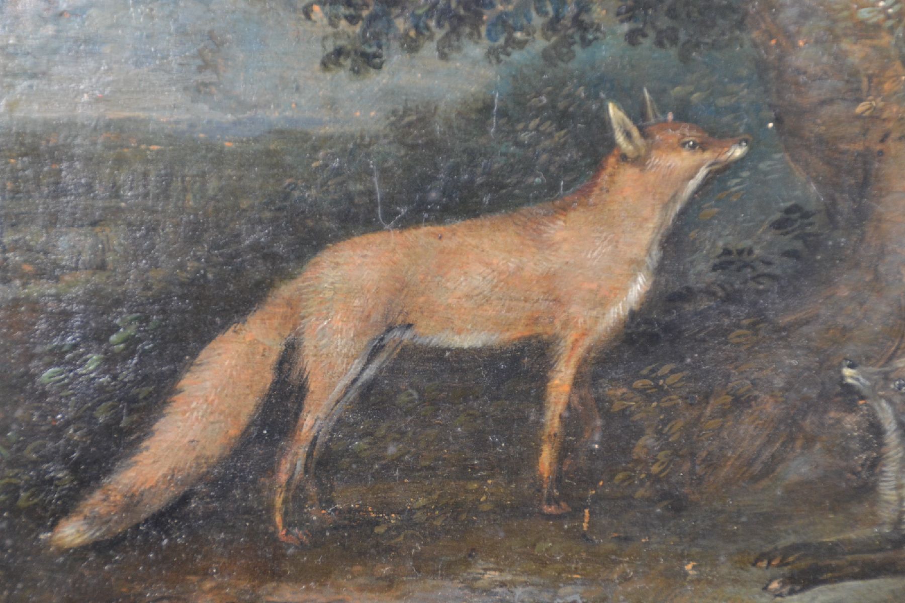 Detail c: Unbekannter Künstler des 19. Jh., zwei Füchse unter einem Baum, darauf zwei Vögel, Öl/Holz, unsigniert, verso bez., rest.,ca. 16.5x22.5cm