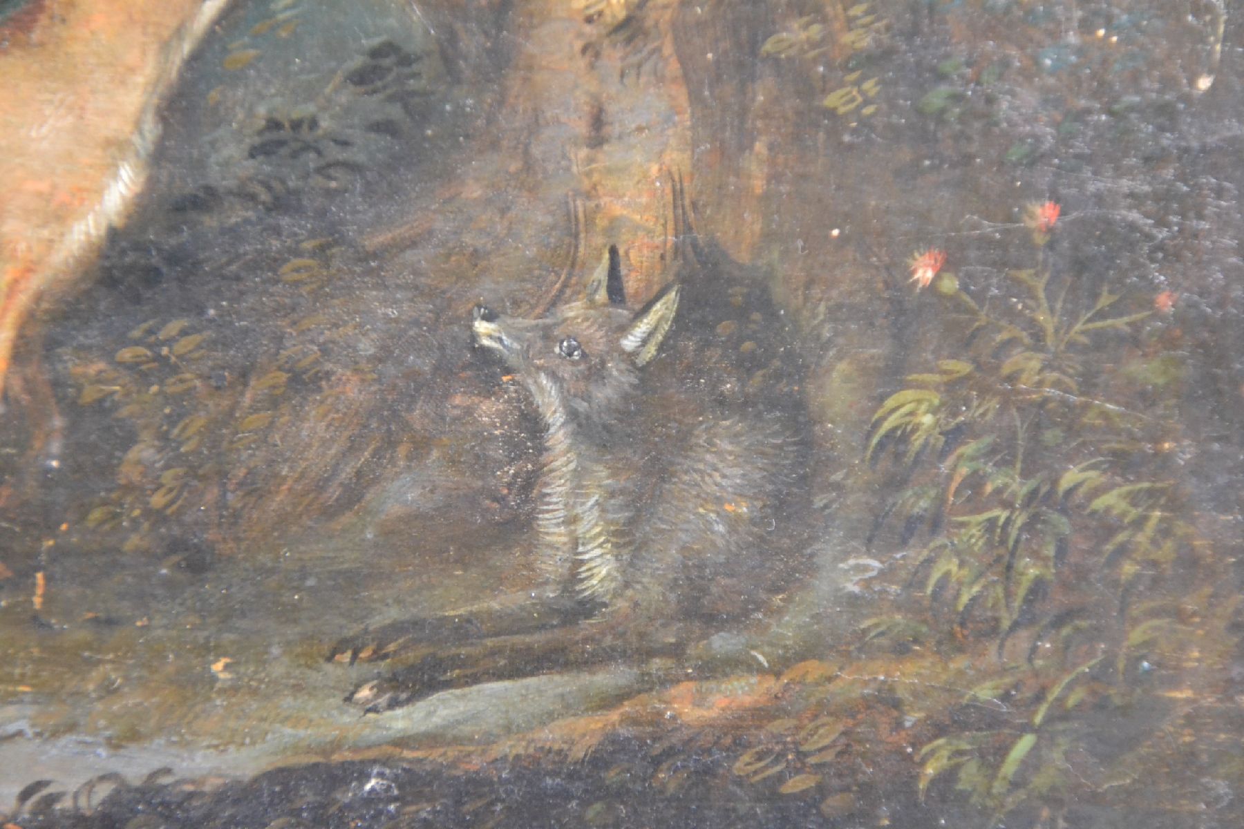 Detail d: Unbekannter Künstler des 19. Jh., zwei Füchse unter einem Baum, darauf zwei Vögel, Öl/Holz, unsigniert, verso bez., rest.,ca. 16.5x22.5cm