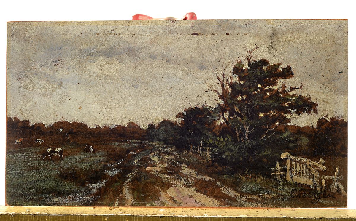 Carl von Bergen, 1853-1933, Kühe auf der Weide, rechts ein Gatter und Büsche, Öl/Papier/Holz, rechts unten signiert, ca. 11x21cm