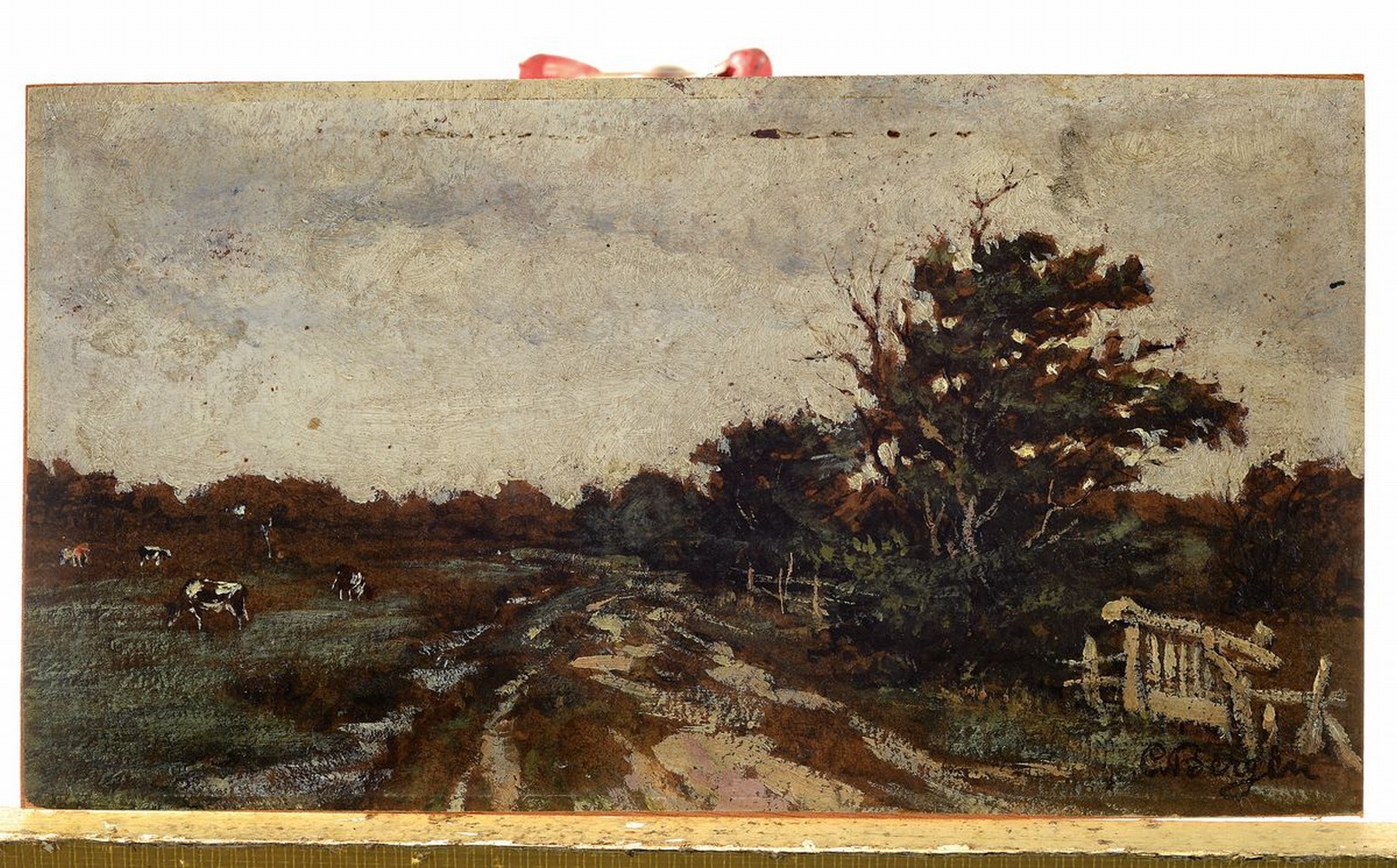 Detail k: Carl von Bergen, 1853-1933, Kühe auf der Weide, rechts ein Gatter und Büsche, Öl/Papier/Holz, rechts unten signiert, ca. 11x21cm