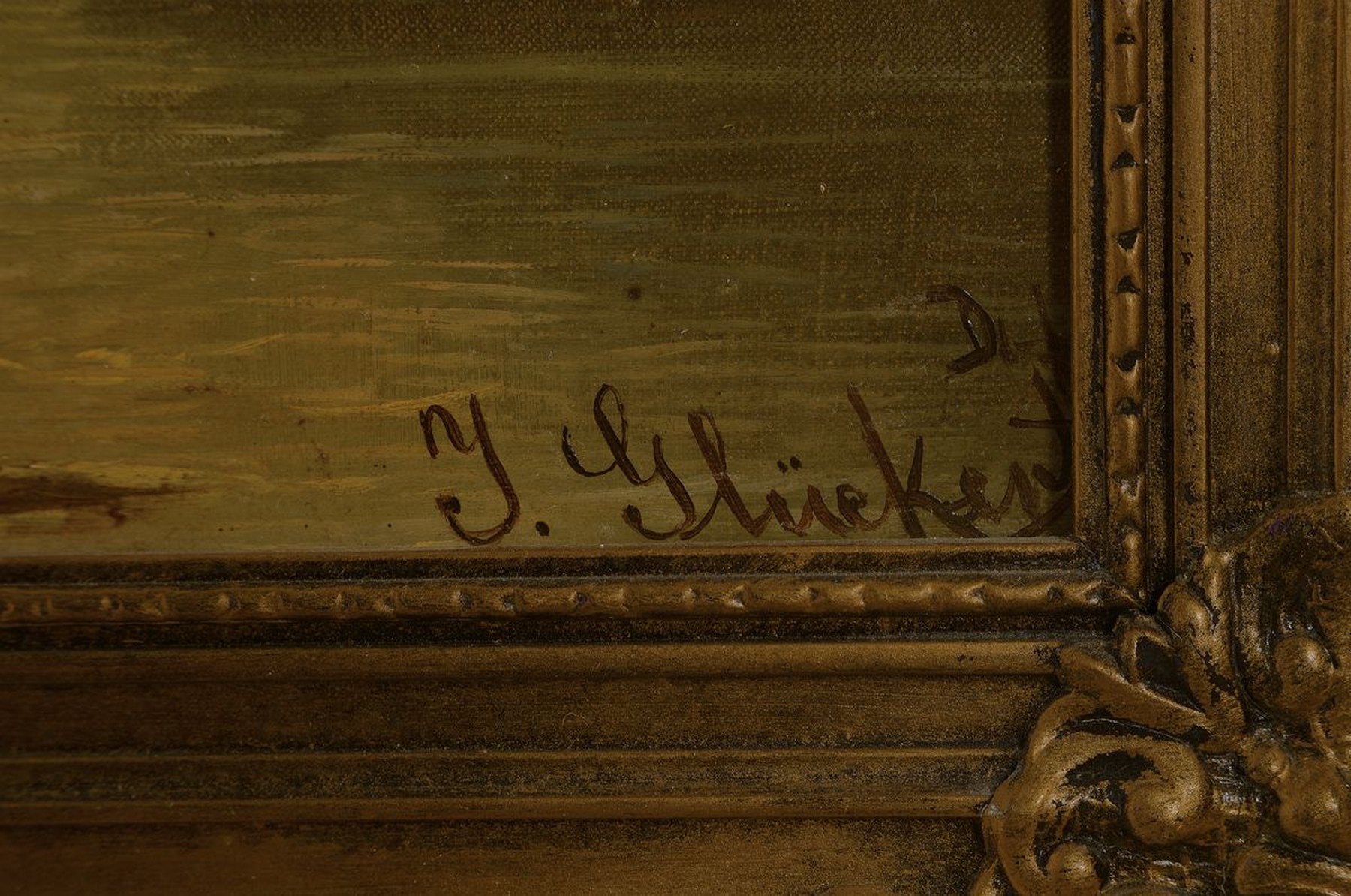 Detail a: Johannes Glückert, 1868 Mainz-1921, Studium an der Akademie Karlsruhe, wirkte in Düsseldorf und im Taunus, hier: Landschaft am Rhein, Öl/Lwd, ...