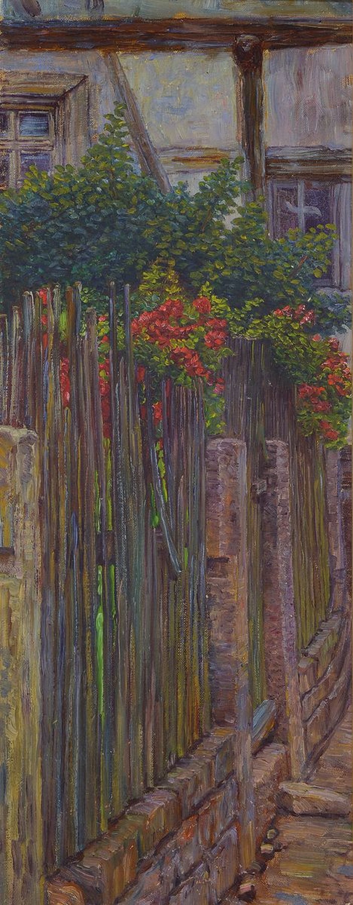 Heinrich Strieffler, 1872 Neustadt a.d. Weinstraße - 1949 Landau, Studie eines Gartenzauns, wohl Deidesheim, eindrucksvolle Wiedergabe des im Licht ...