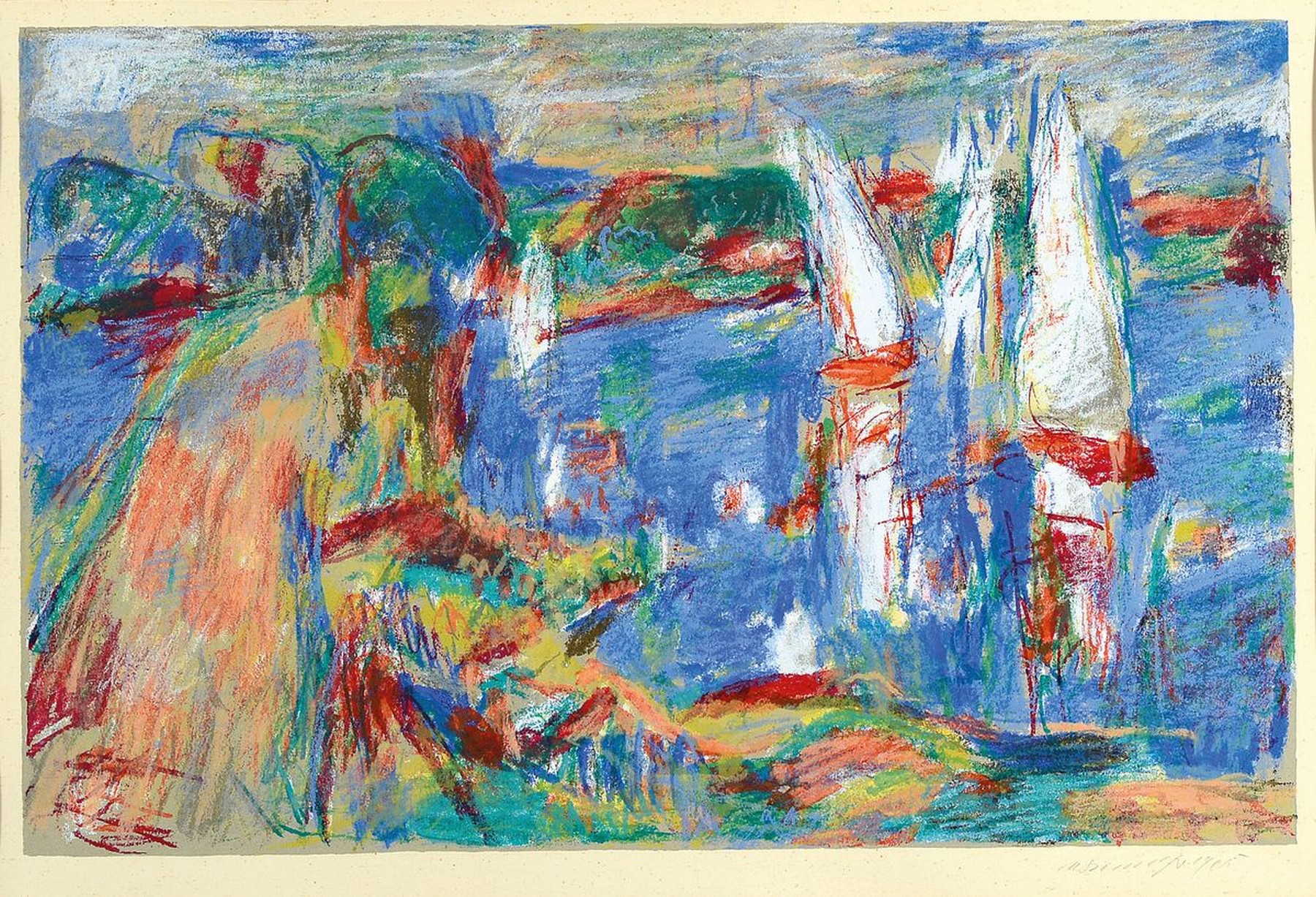Manfred Henninger, 1894 Backnang-1986 Stuttgart, Segelboote auf einem See, Mischtechnik (Wachs, Pastell) auf Papier, rechts unten signiert, ca. ...