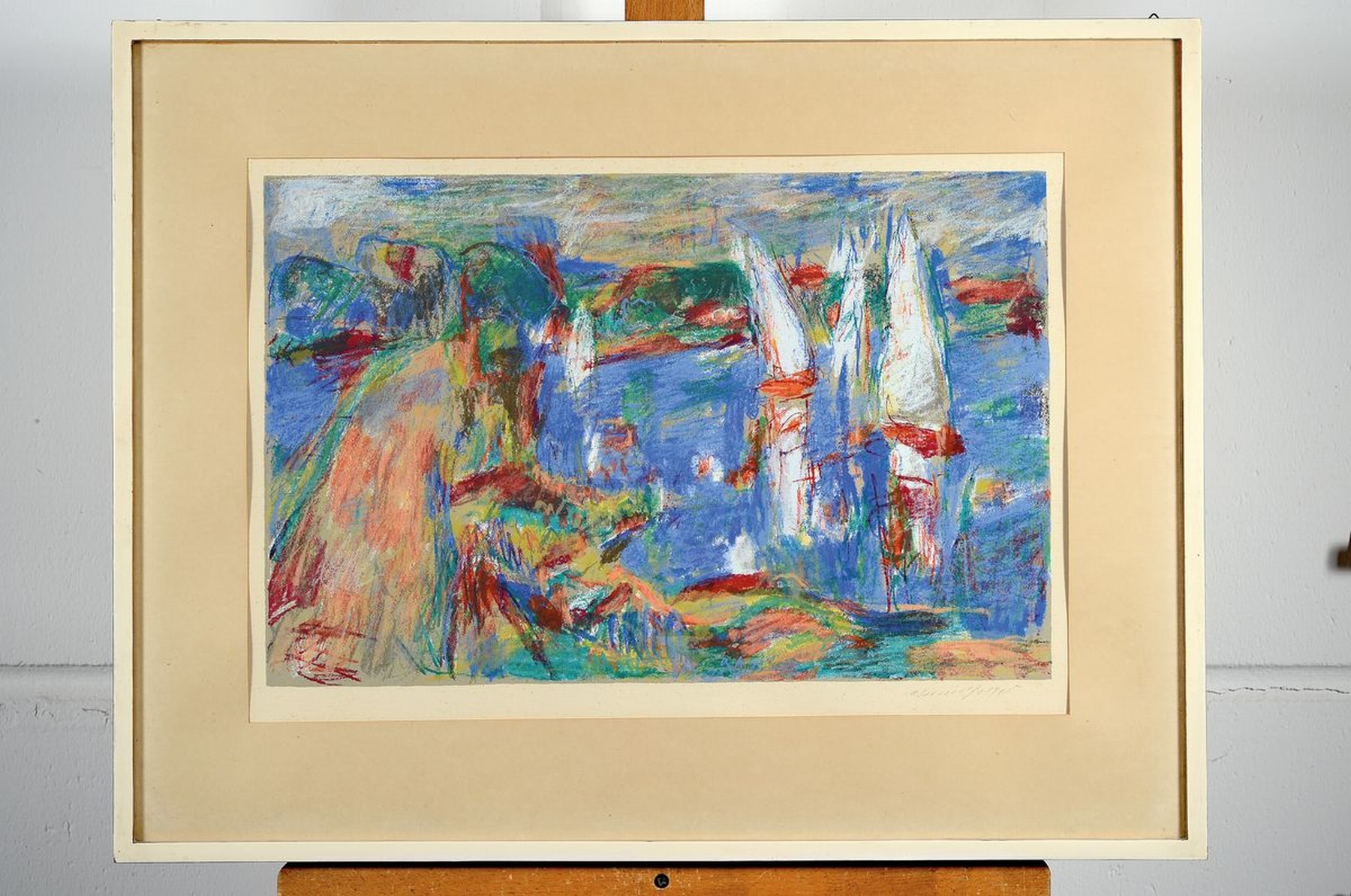 Detail k: Manfred Henninger, 1894 Backnang-1986 Stuttgart, Segelboote auf einem See, Mischtechnik (Wachs, Pastell) auf Papier, rechts unten signiert, ca. ...