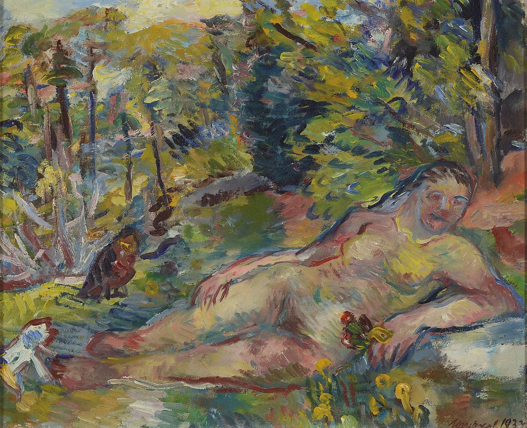 Manfred Henninger, 1894 Backnang-1986 Stuttgart, liegender weiblicher Akt im Wald, Öl/Lwd, rechts unten unleserlich bezeichnet und dat. 1937, ca. ...