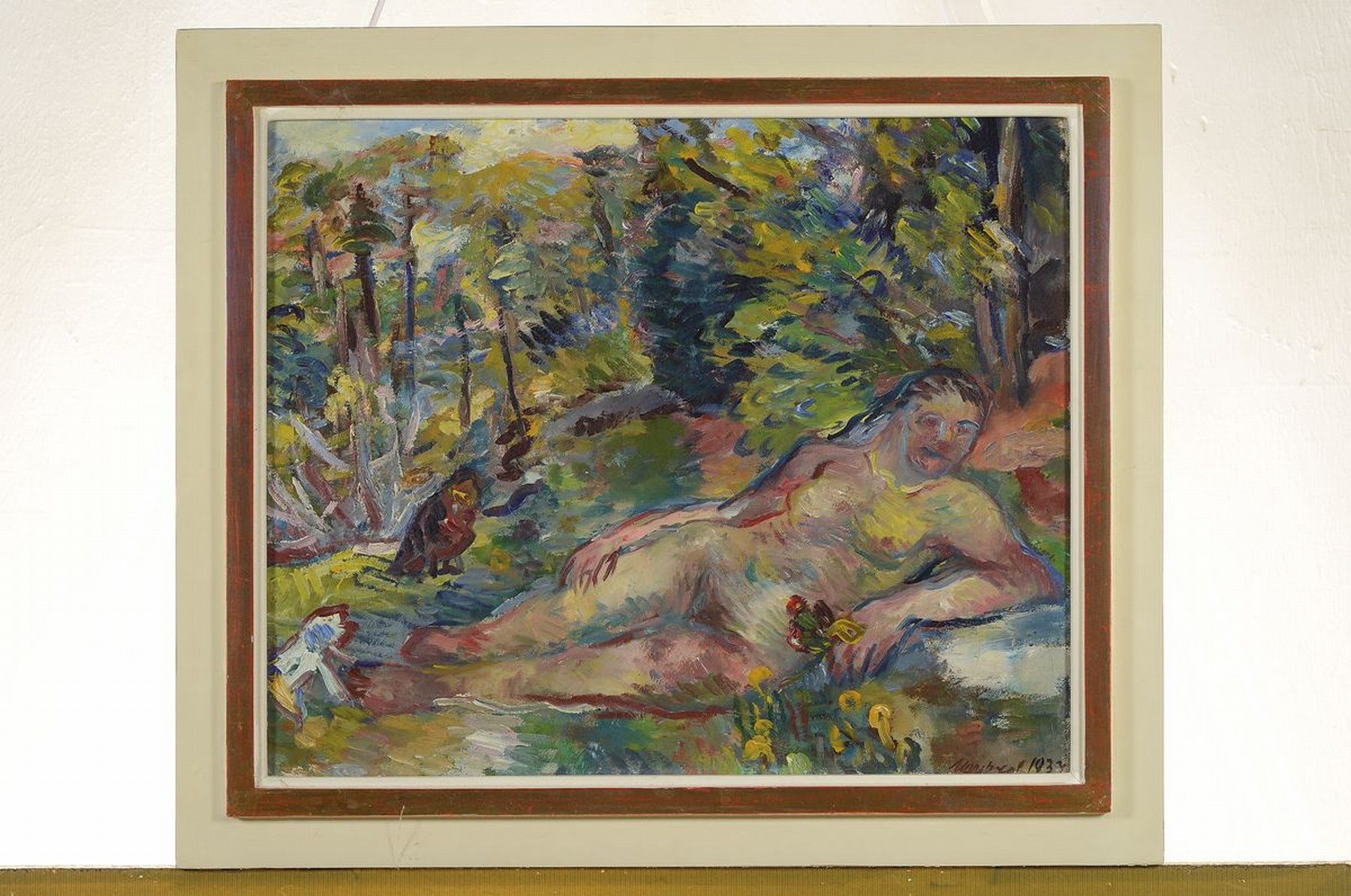 Detail k: Manfred Henninger, 1894 Backnang-1986 Stuttgart, liegender weiblicher Akt im Wald, Öl/Lwd, rechts unten unleserlich bezeichnet und dat. 1937, ca. ...