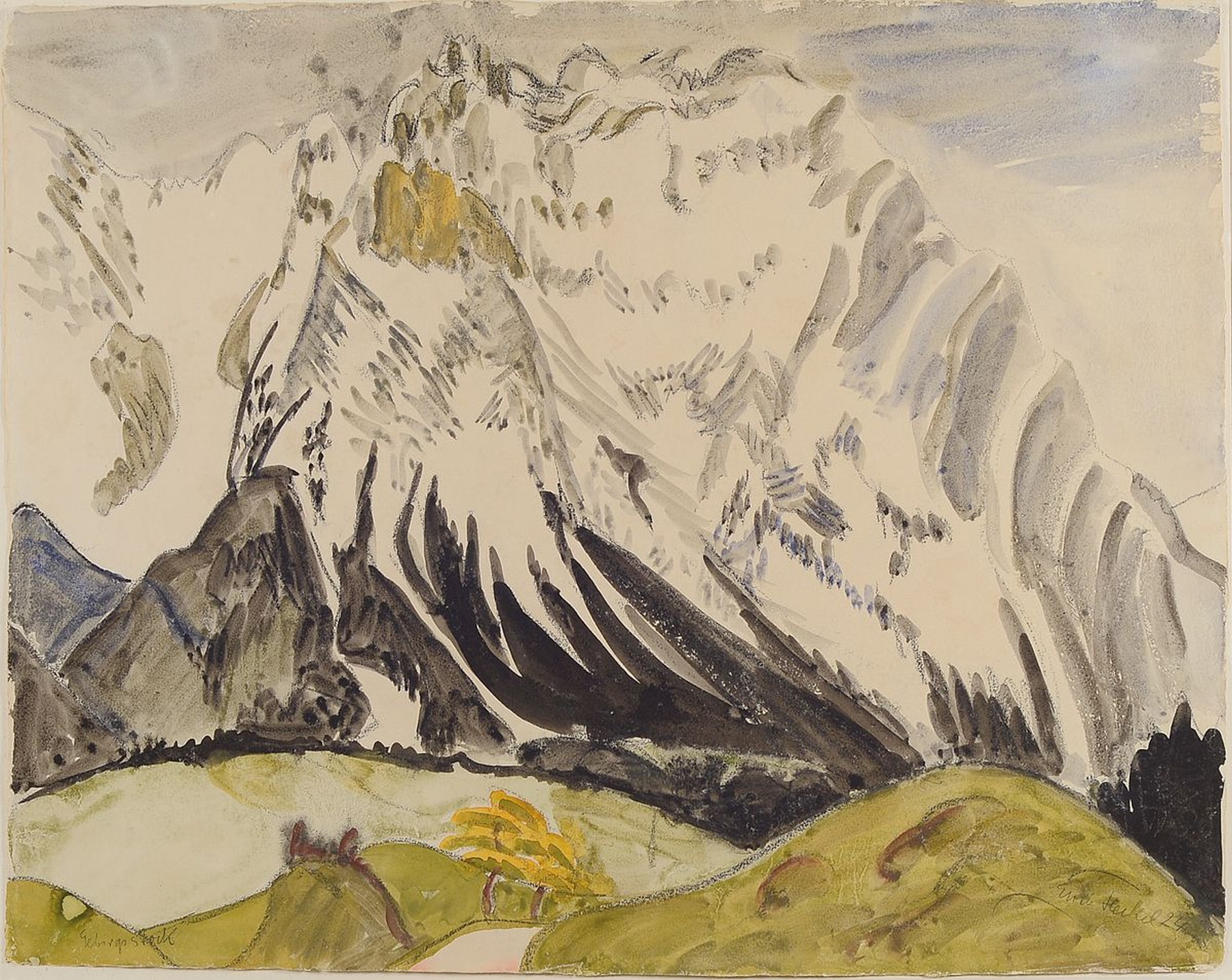 Erich Heckel, 1883 Döbeln-1970 Hemmenhofen, Gebirgsstock, links unten so betitelt, Aquarell über Kohle, rechts unten signiert und dat. 1924, ca. ...
