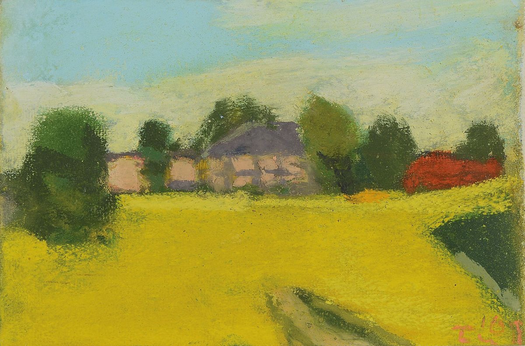 Klaus Fußmann, geb. 1938 Velbert, Raps mit rotem haus, Pastell auf Papier, rechts unten signiert und dat. 09, ca. 14.5x22cm, PP, u.Gl., R. ca. ...