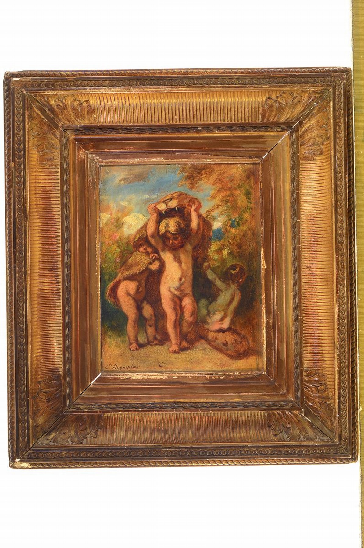 Detail k: Camille Roqueplan, 1802-1855, Putti mit dem Löwenfell des Herakles spielend, am Boden Putti auf Keule sitzend, Öl/Holz, links unten signiert, ...