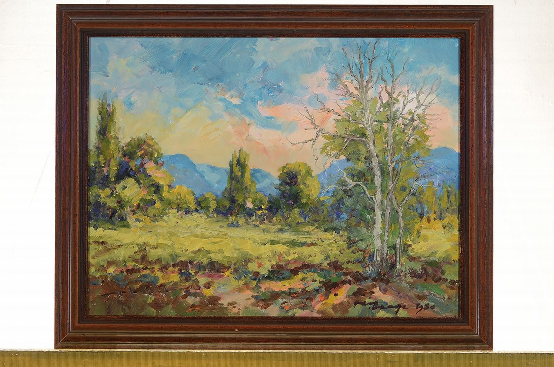 Detail k: Heiner Deege, 1920 Haßloch-2007 ebenda, pfälzer Auenlandschaft, im Hintergrund die verblauenden Berge des Pfälzerwalds, pastoser, flirrender ...