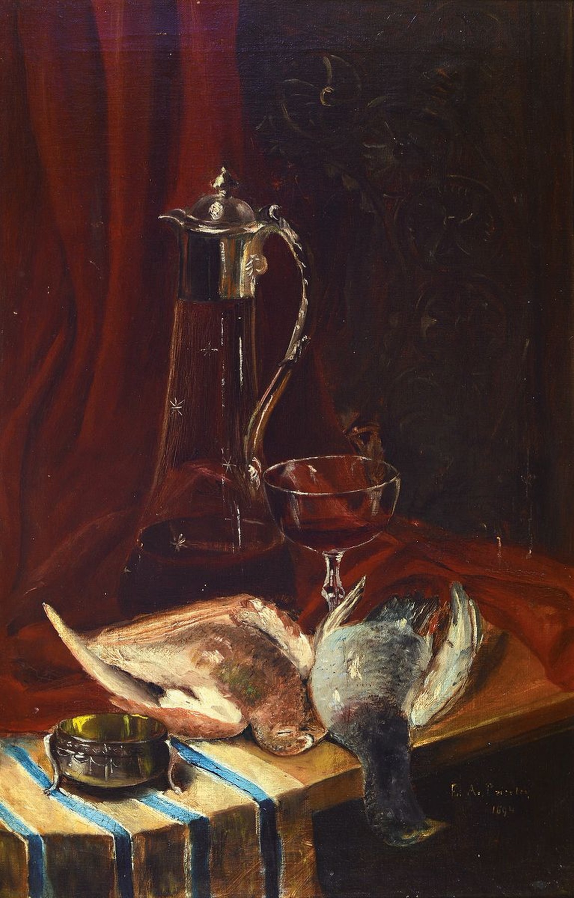 F.A. Baerler, datiert 1894, Stillleben mit Karaffe, Weinglas und zwei erlegten Vögel, Öl/Lwd, rechts unten signiert und dat., ca. 53x35cm, R. ca. ...