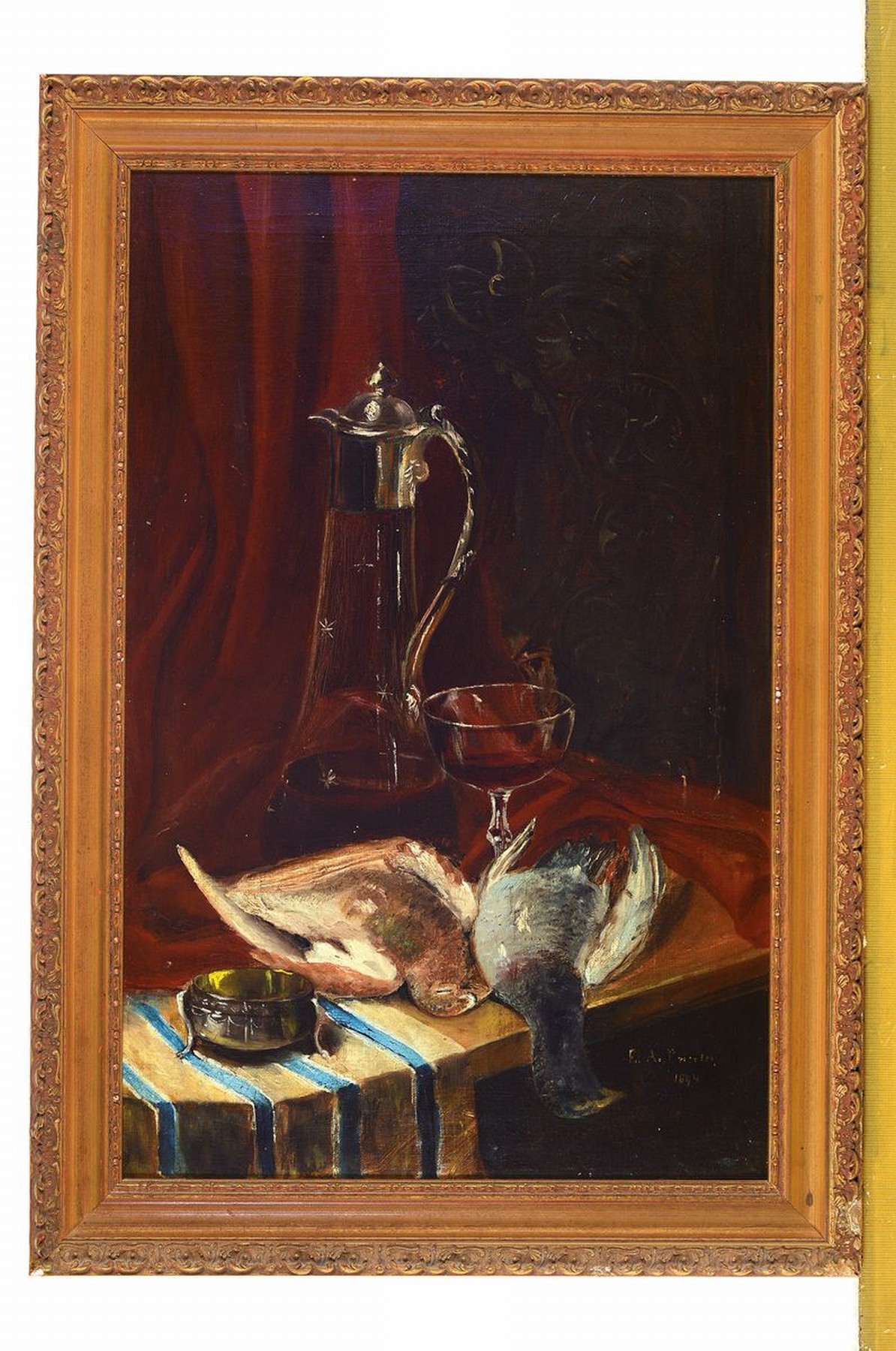 Detail k: F.A. Baerler, datiert 1894, Stillleben mit Karaffe, Weinglas und zwei erlegten Vögel, Öl/Lwd, rechts unten signiert und dat., ca. 53x35cm, R. ca. ...